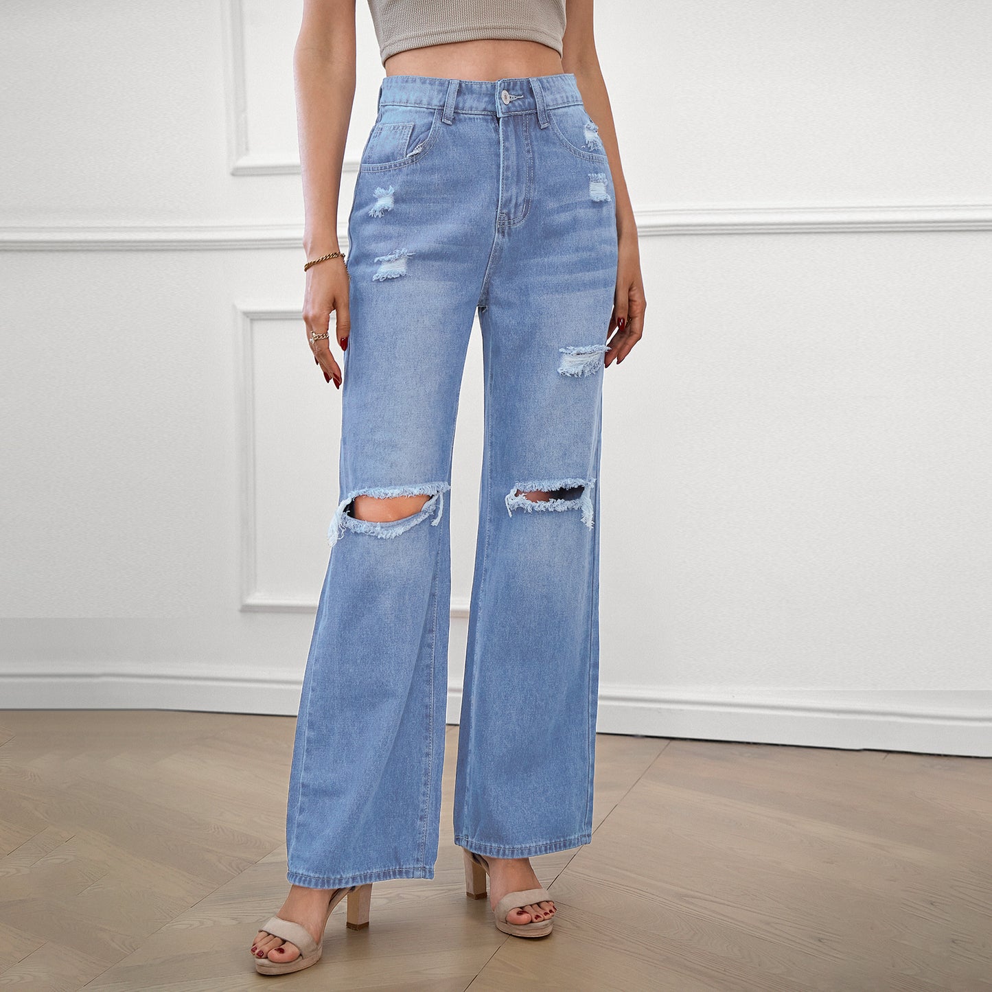 Womens Jeans Ripped Denim Pants Wide Leg Baggy Boyfriend Streetwear Long Denim Trousers