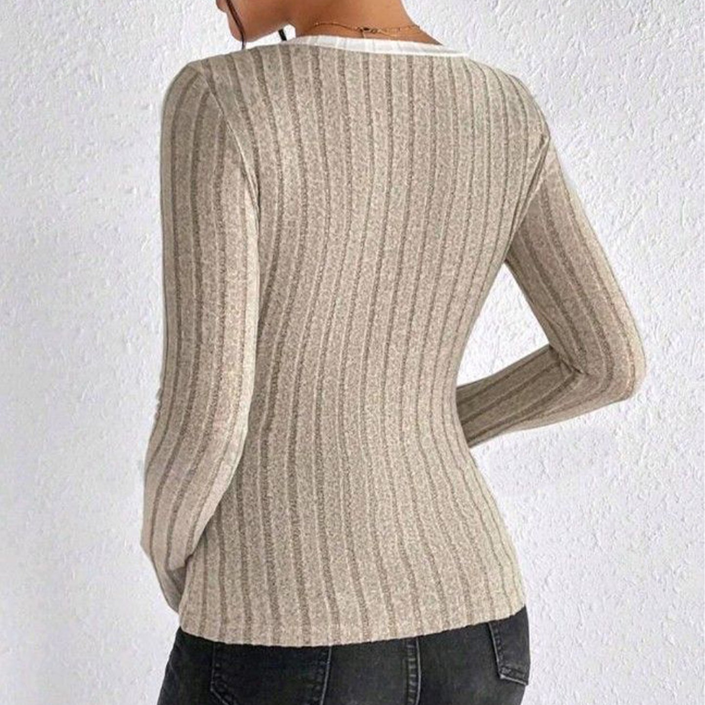 Women's Sweater Casual V Neck Ribbed Knit Contrast Trim Long Sleeve Slim Fit Tee Shirts Tops