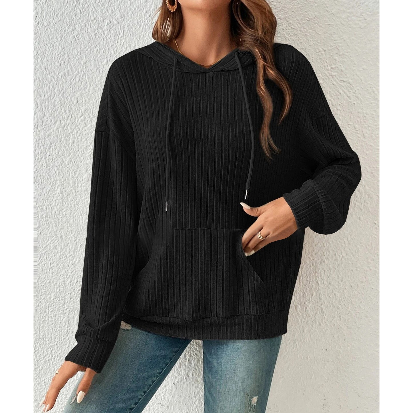 MLDRA Womens Hoodies Knit Sweatshirt Pit Stripe Pocket Drawstring Long Sleeve Pullover Outerwear Top