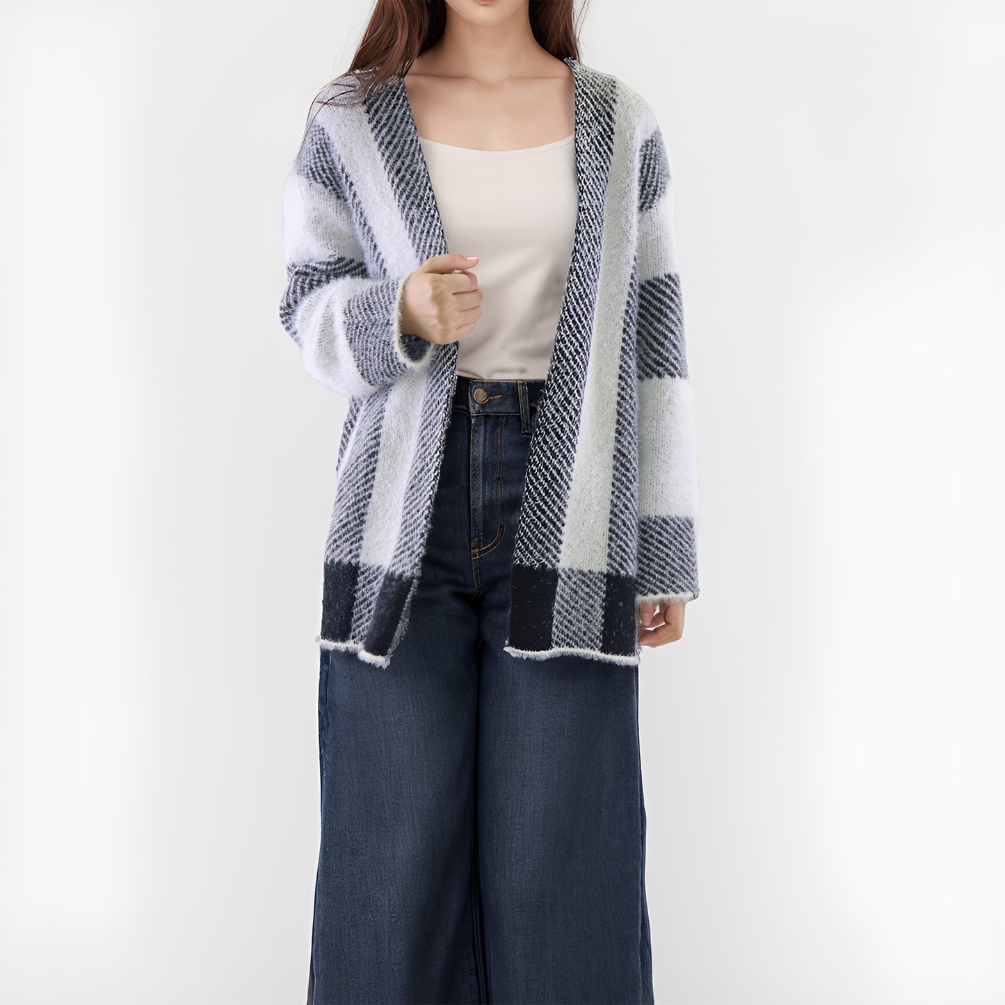 MLDRA Womens Cardigan Sweaters Open Front Color Block Stripe Long Sleeve Loose Knitted Casual Coats