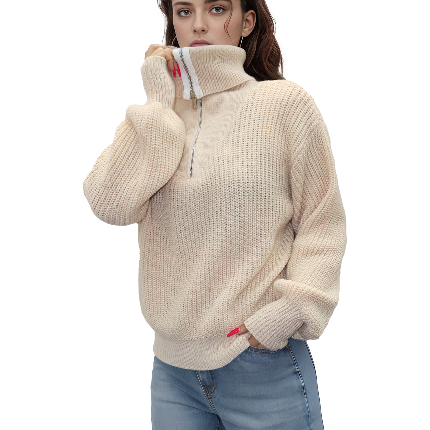 MLDRA Women's Sweaters Knit Pullover V-Neck Quarter Zip Long Sleeve Tops with Collars Knitwear