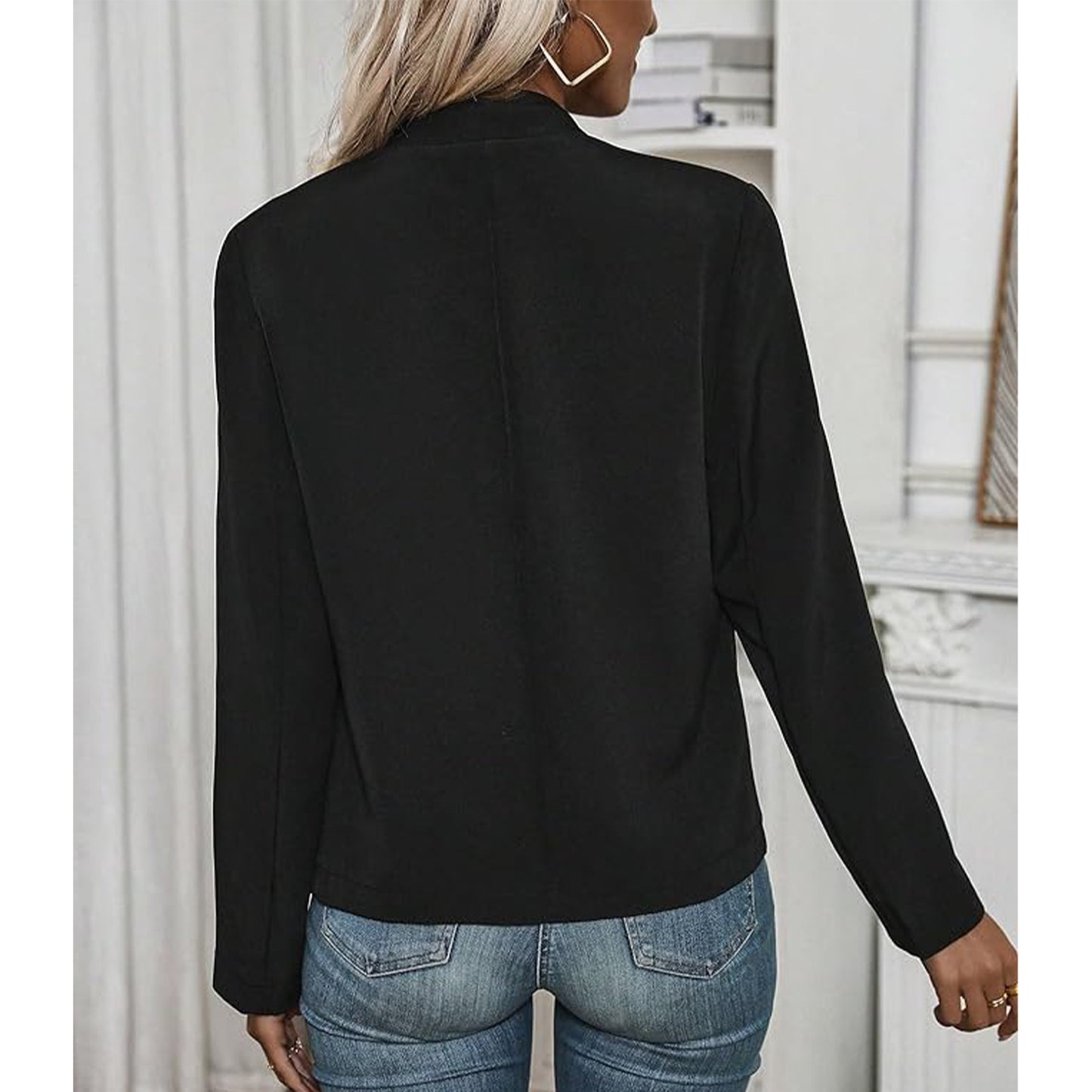 Women's Jacket Fall Fashion Open Front Blazer Lightweight Solid Color Long Sleeve Button Jacket Shirts for Business Trendy Casual Tops (Black)