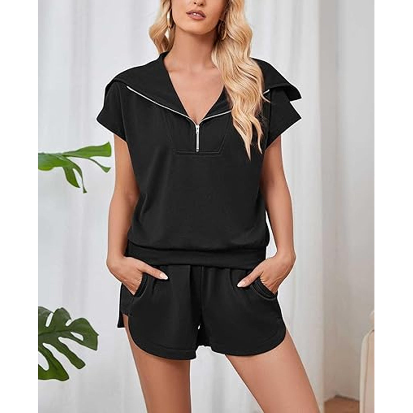 Women Two Piece Lounge Set Outfit Sweat Short Set Summer Sweatshirt Yoga Workout Short Sleeve V Neck Top Elastic High Waist Shorts Tracksuit Leisure Suit Black