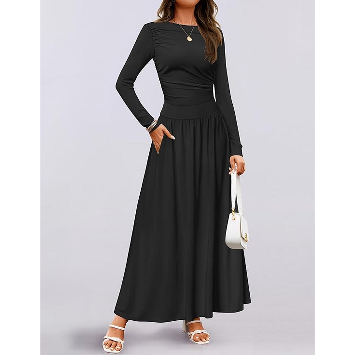MLDRA Maxi Dress, Fashion Fall Winter Cotton Black Dresses for Women 2025 with Pockets for Funeral Party Wedding, Trendy Casual Long Sleeve Dress for Women Round Neck