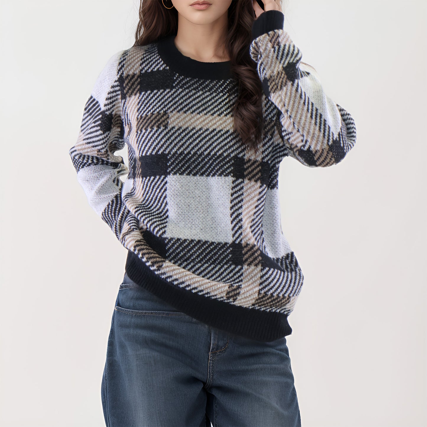 Womens Sweaters Plaid Knit Long Sleeve Crewneck Color Block Casual Pullover Top Clothes