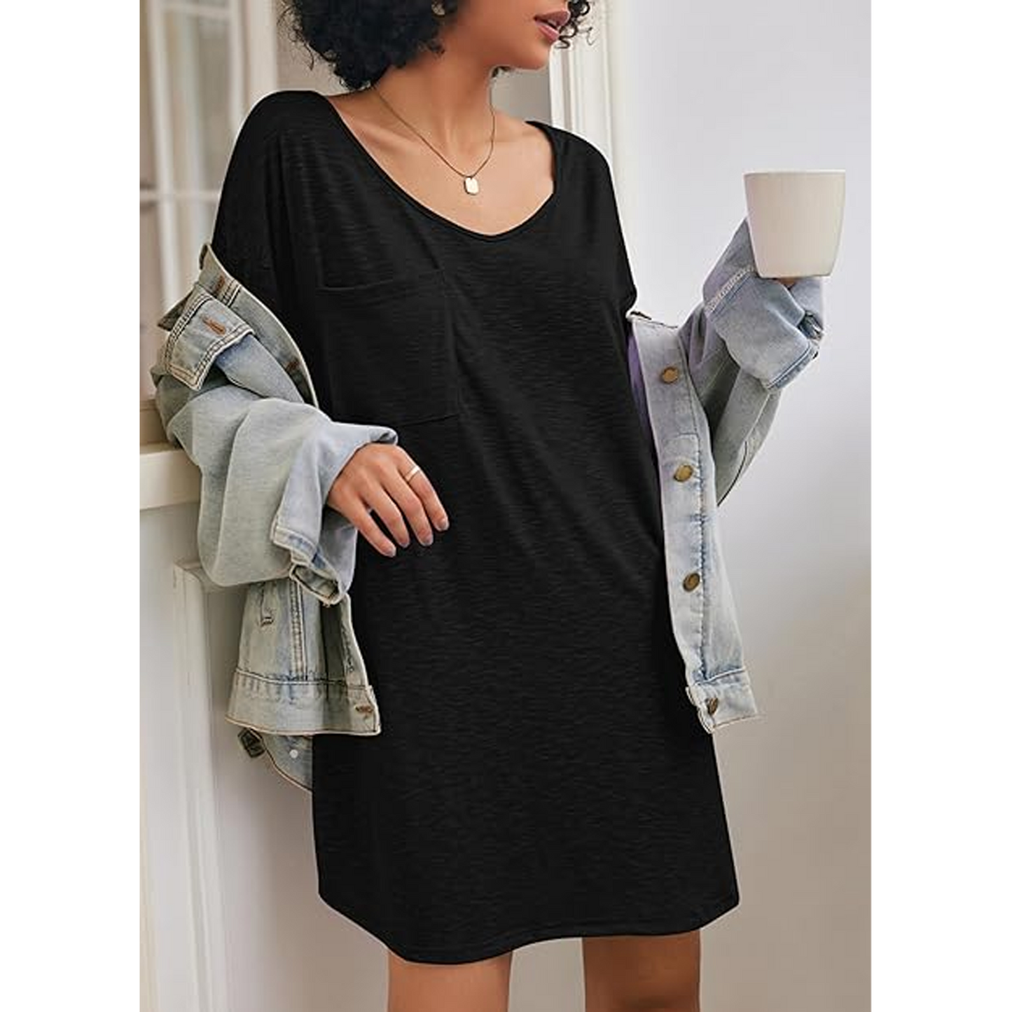 MLDRA Nightgowns for Women Sleepshirt Pajama Dress Loungewear Deep V Neck Nightshirt Casual Loose Comfy Sleepwear Black