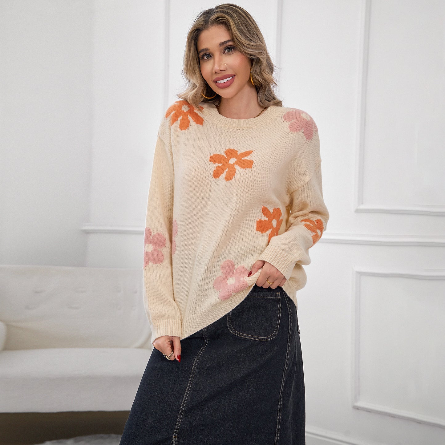Womens Sweaters Long Sleeve Crewneck Floral Pattern Knit Casual Drop Shoulder Pullover Tops