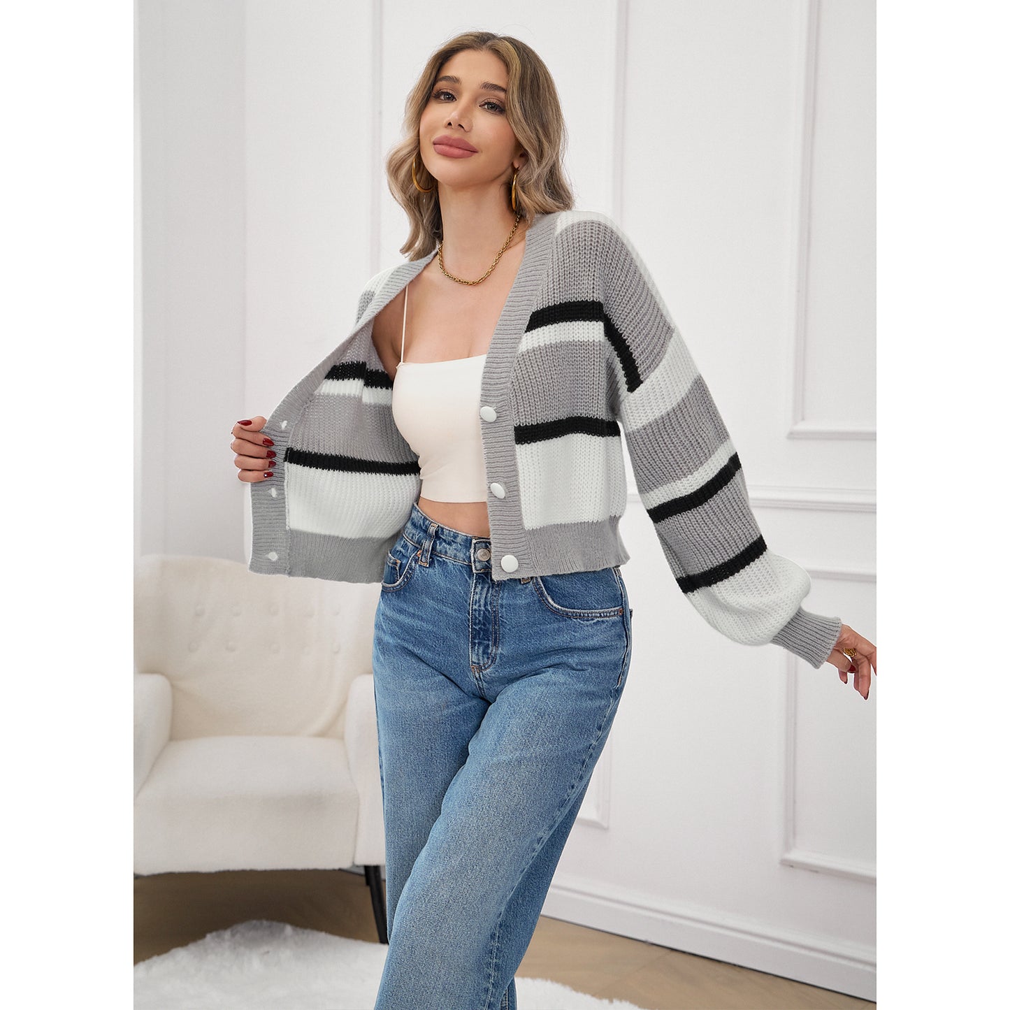 MLDRA Womens Sweaters Cardigan Knit Open Front V Neck Long Lantern Sleeve Button Down Striped Knit Coat