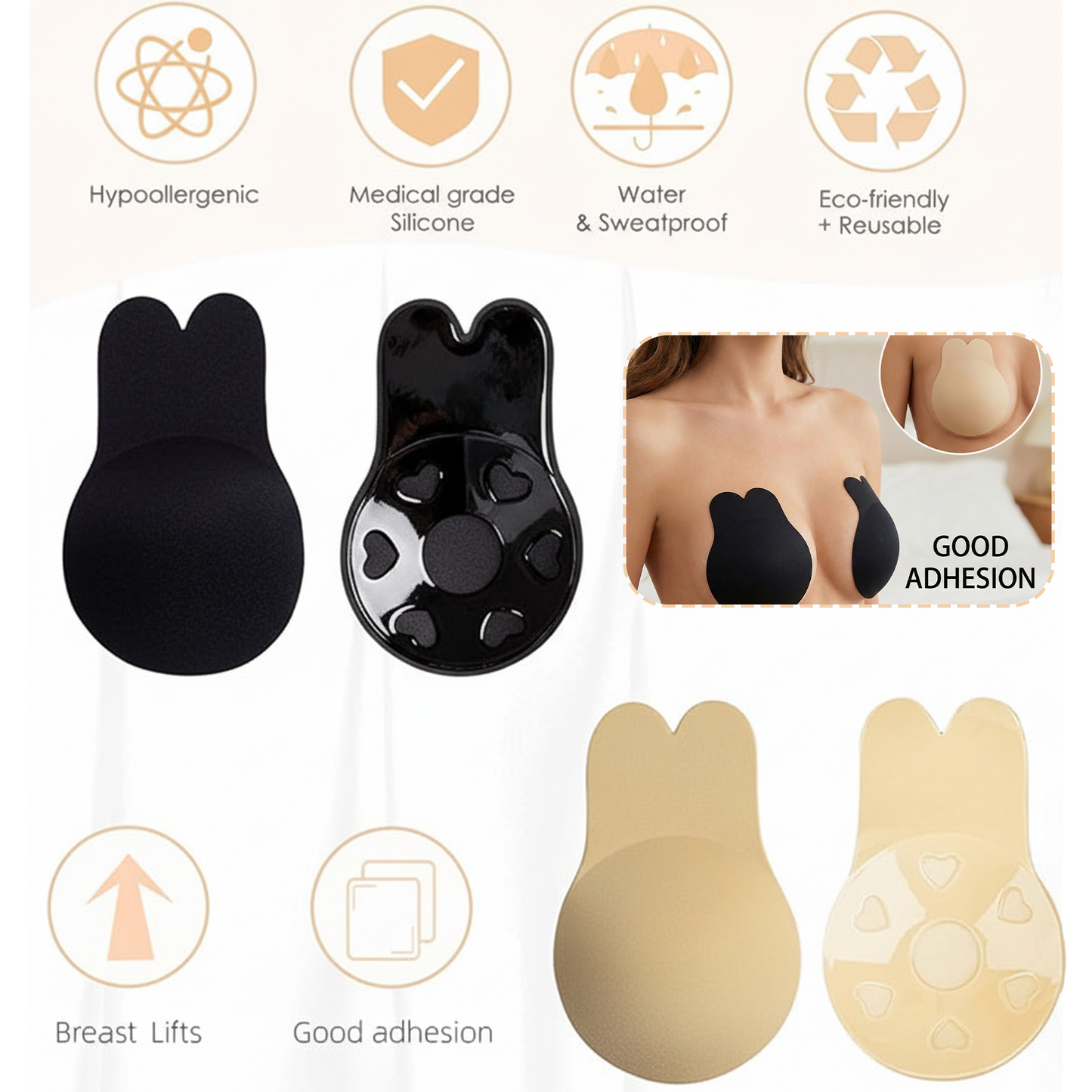 MLDRA 2 Pairs Sticky Bra Push up Backless Bra with Bunny Ears, Strapless Bra for Women Reusable Adhesive Lift Up