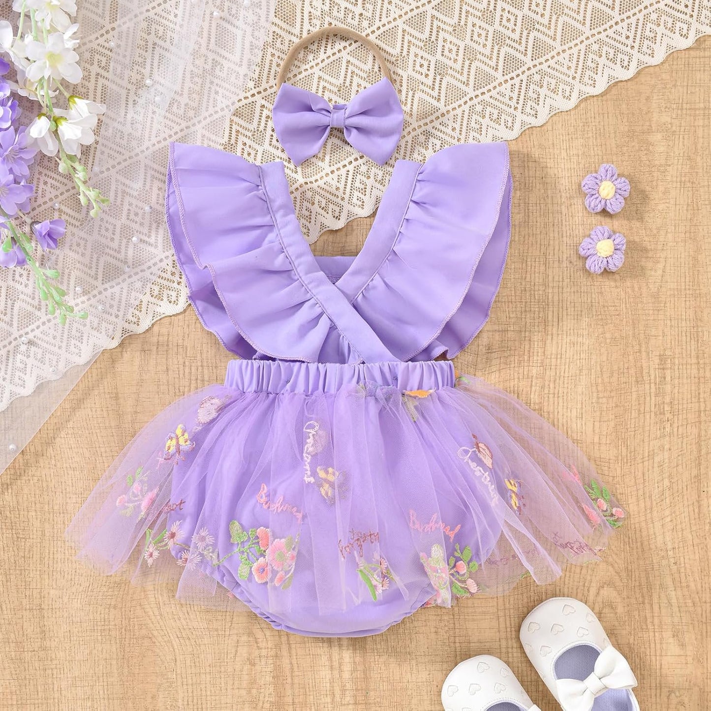 GEYEHUG Romper Dress For Baby Girl Short Sleeve Tutu Dress Baby Girls Lace Jumpsuits with Headband