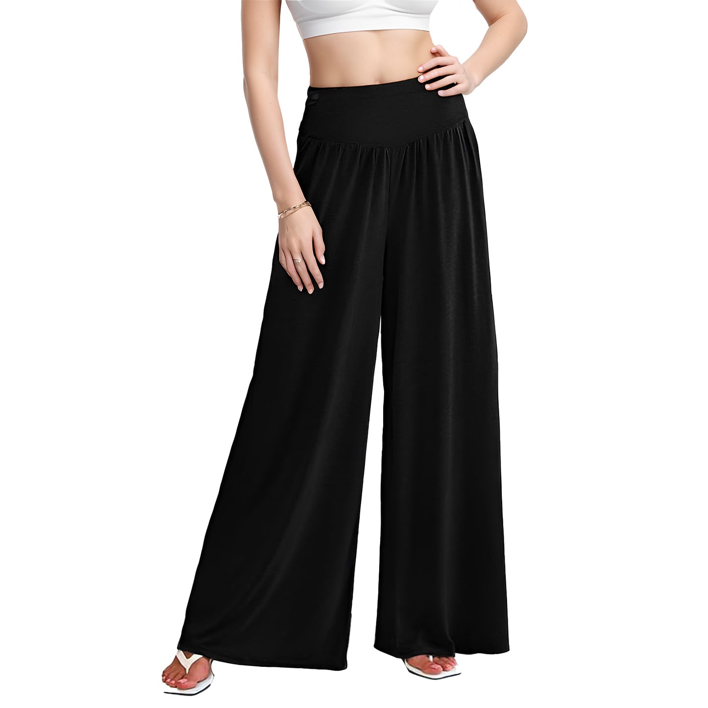 Pants for Women Wide Leg Flowy Dressy Casual Pants Elastic High Waist Palazzo Pant with Pockets