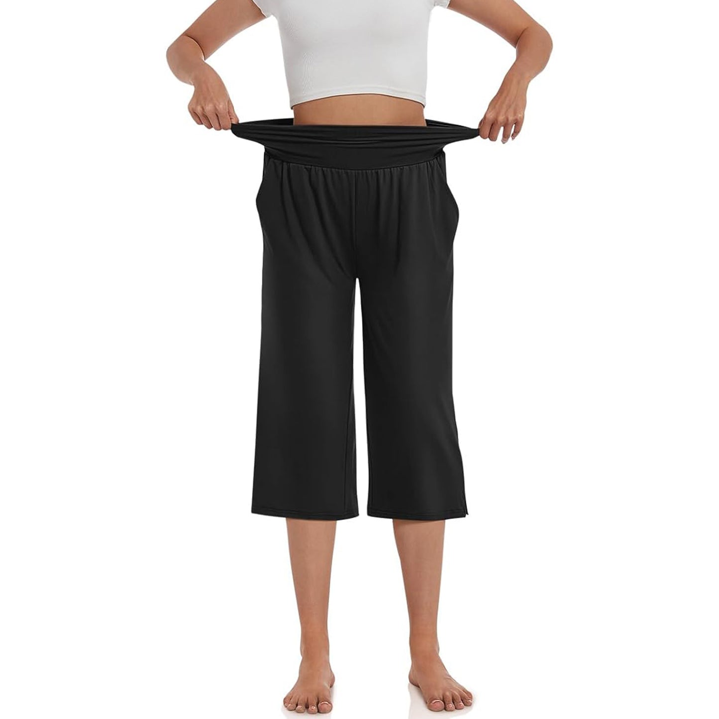 Women's Capri Yoga Pants Wide Leg Yoga Pants High Waisted Side Slit Joggers Casual Loose Lounge Sweatpants with Pockets