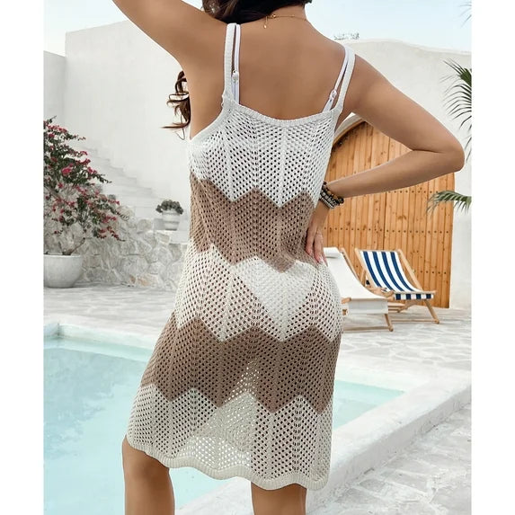 MLDRA Women Swimsuit Cover Ups Summer Sleeveless Striped Color Block Bathing Suit Swimwear Hollow Out Knit Dress