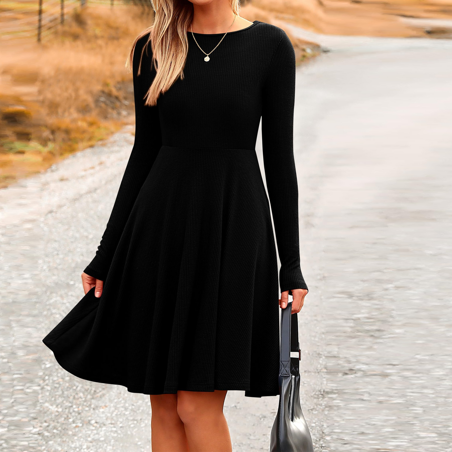 MLDRA Dress for Women Casual Long Sleeve Ribbed Knit A-Line Flowy Fall Winter Sweater Dress, Crewneck Elegant Going Out Dresses for Women 2025