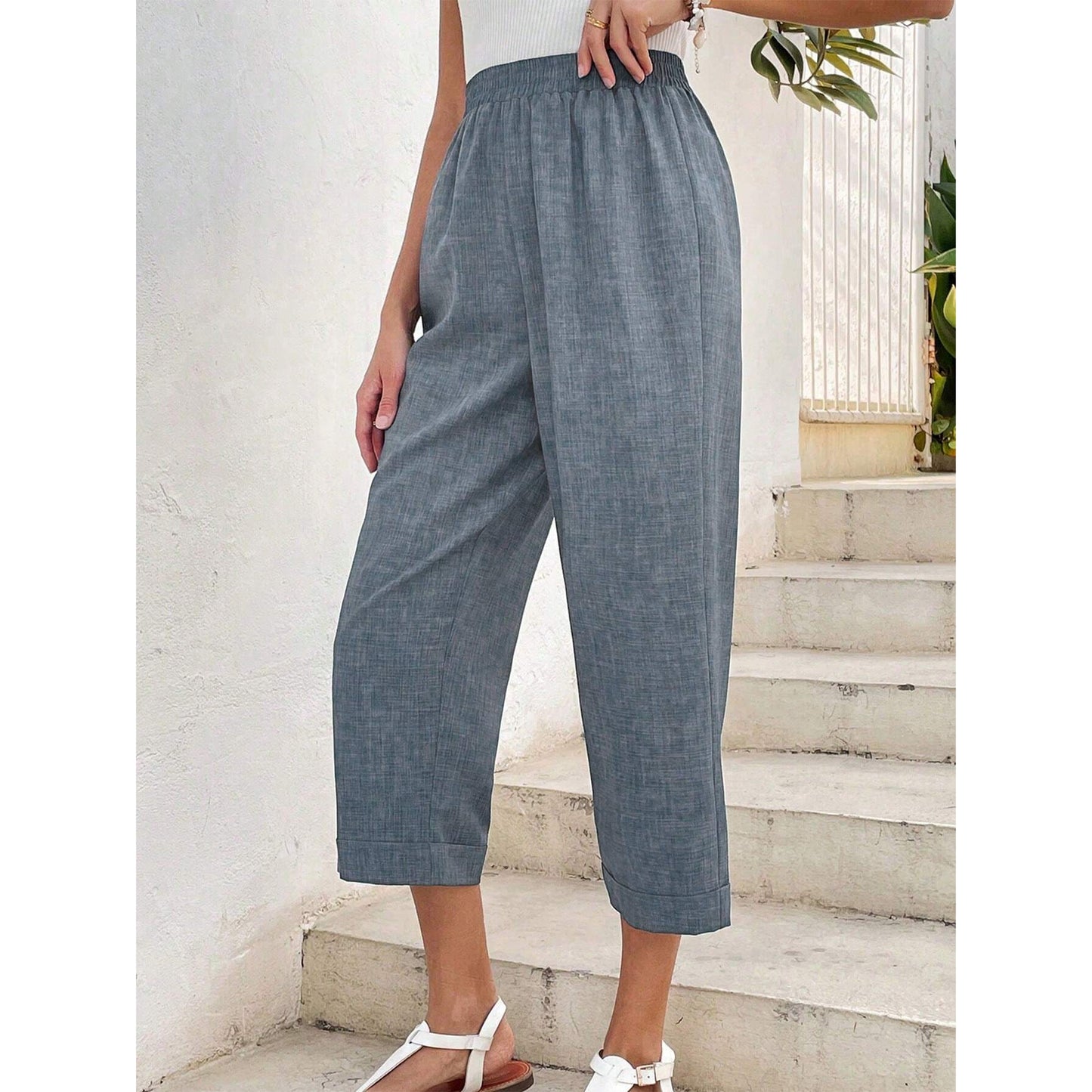 MLDRA Womens Capri Linen Cropped Pants Loose Fit Wide Leg Yoga Casual Elastic Waist Trousers with Pockets Blue