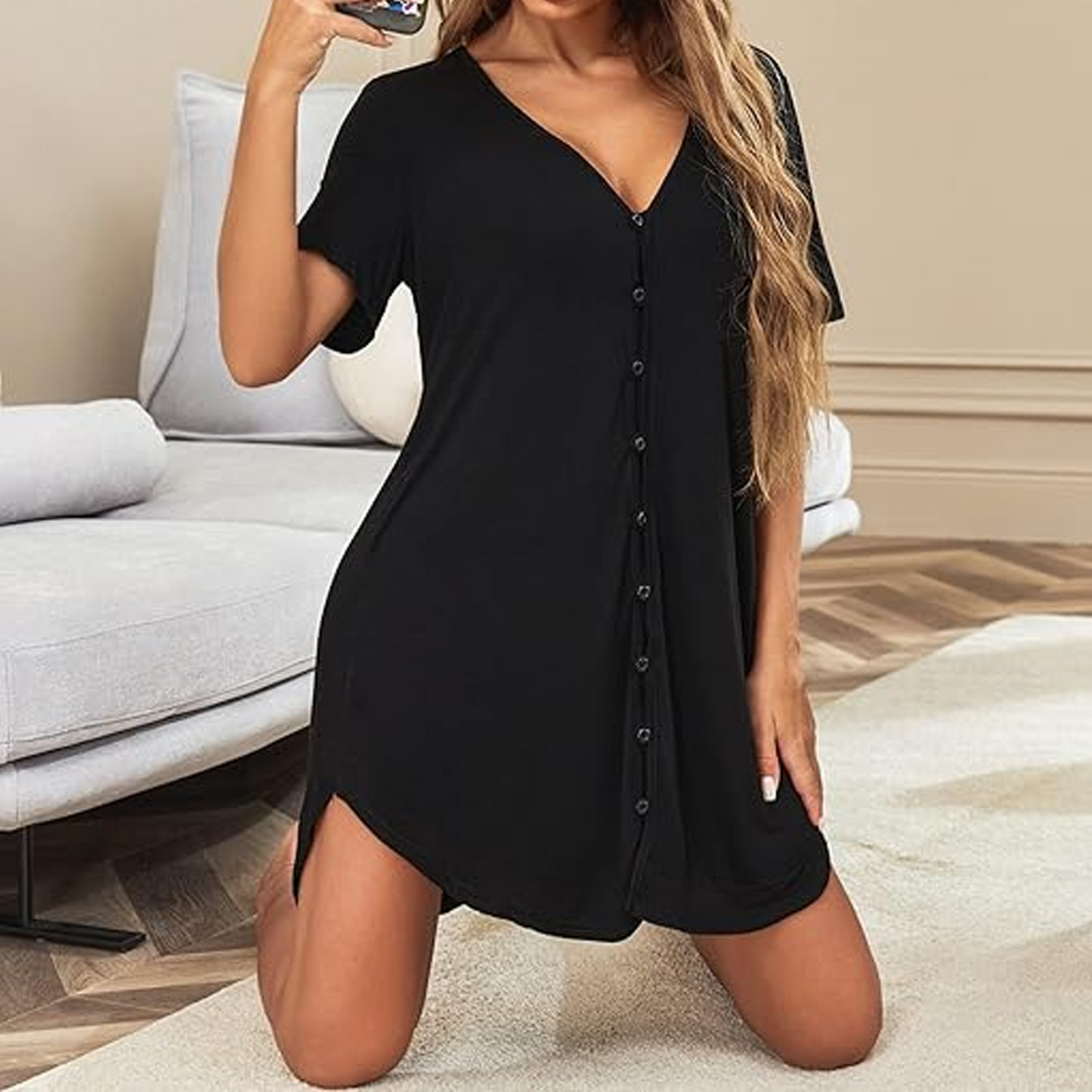 MLDRA Nightgowns For Women Deep V Neck Button Down Pajamas Nightshirt Loose Loungewear
