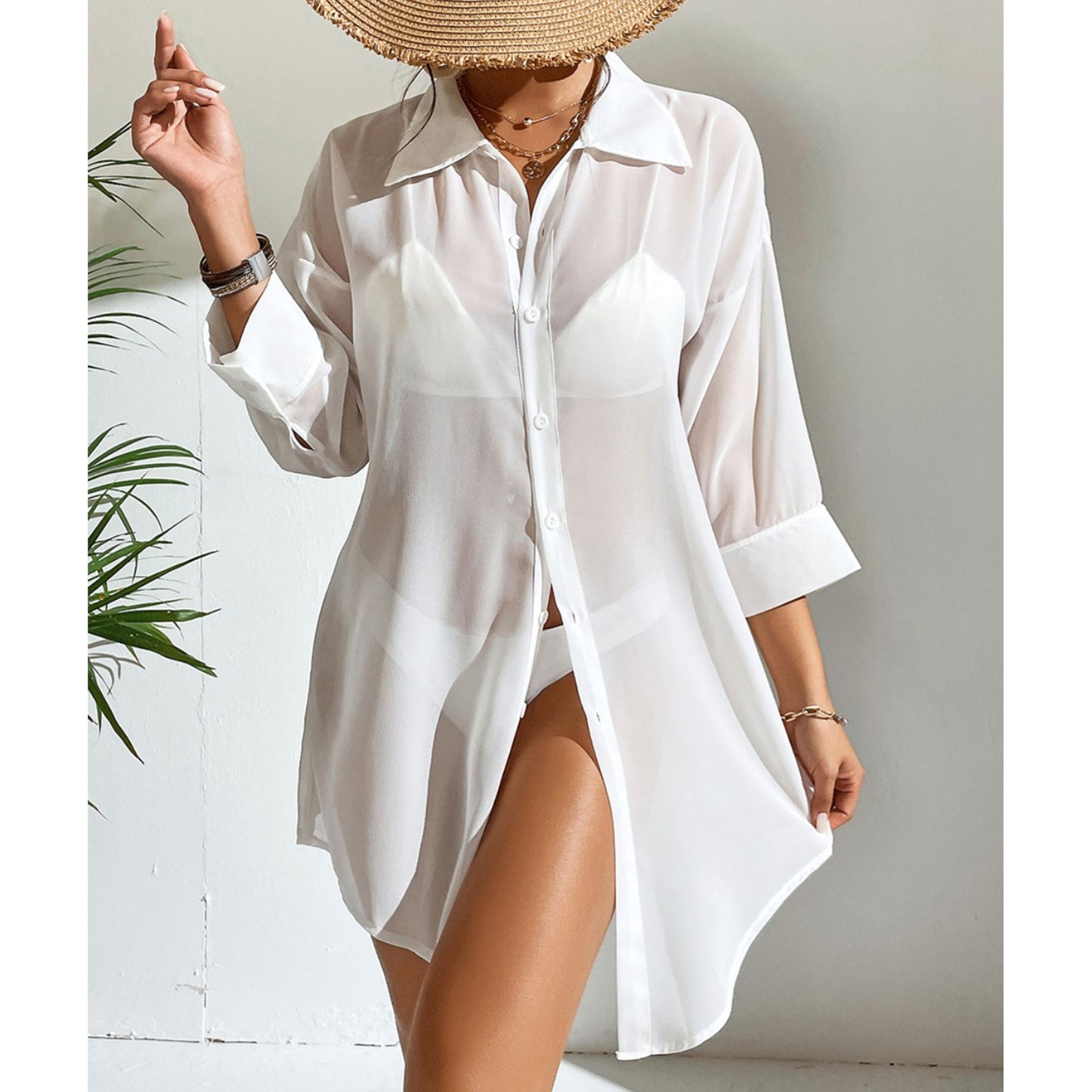 MLDRA Womens Bathing Suit Cover up Swimsuit Beach Bikini Cover Up Loose V-Neck Swimwear Button Down Shirt Dress White