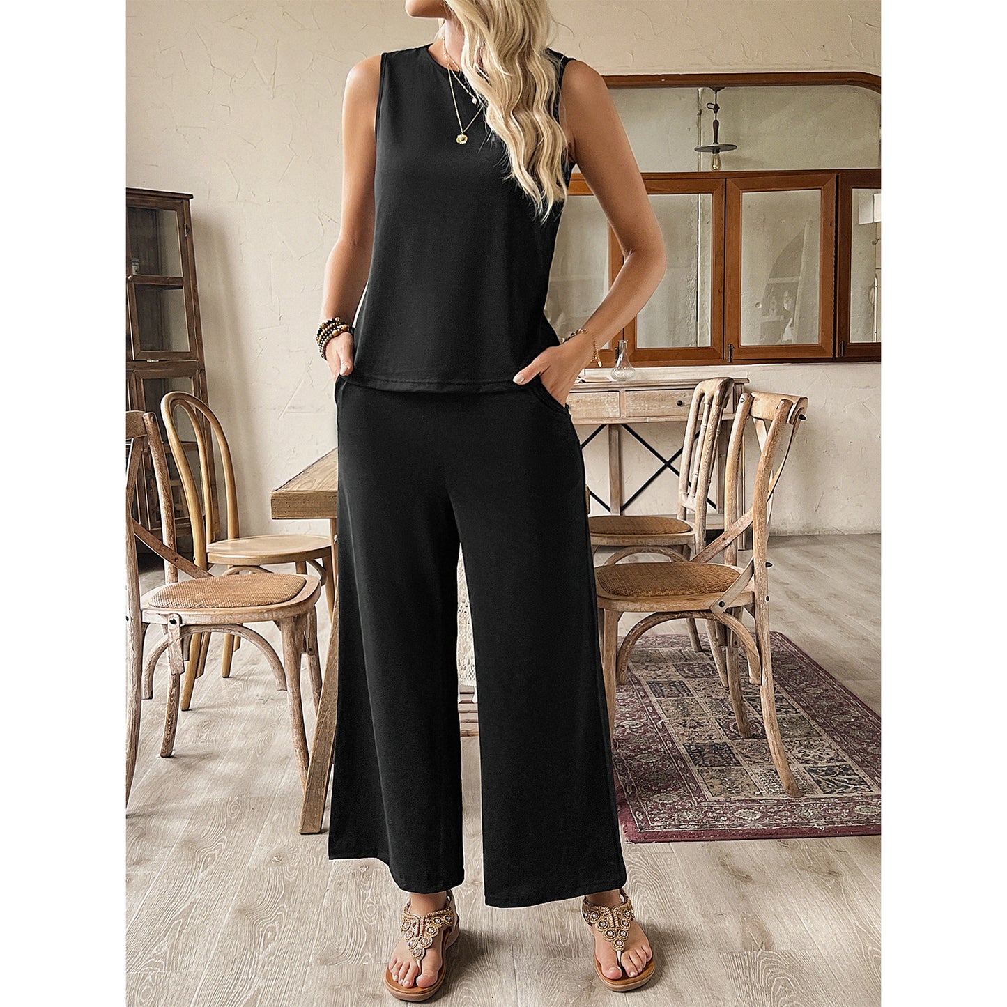 Women's Two-Piece Lounge Set Summer Beach Suit Vacation Travel Going Out Outfit Sleeveless Tank Vest Top High Waist Wide Leg Pants Sexy Leisure Set Black