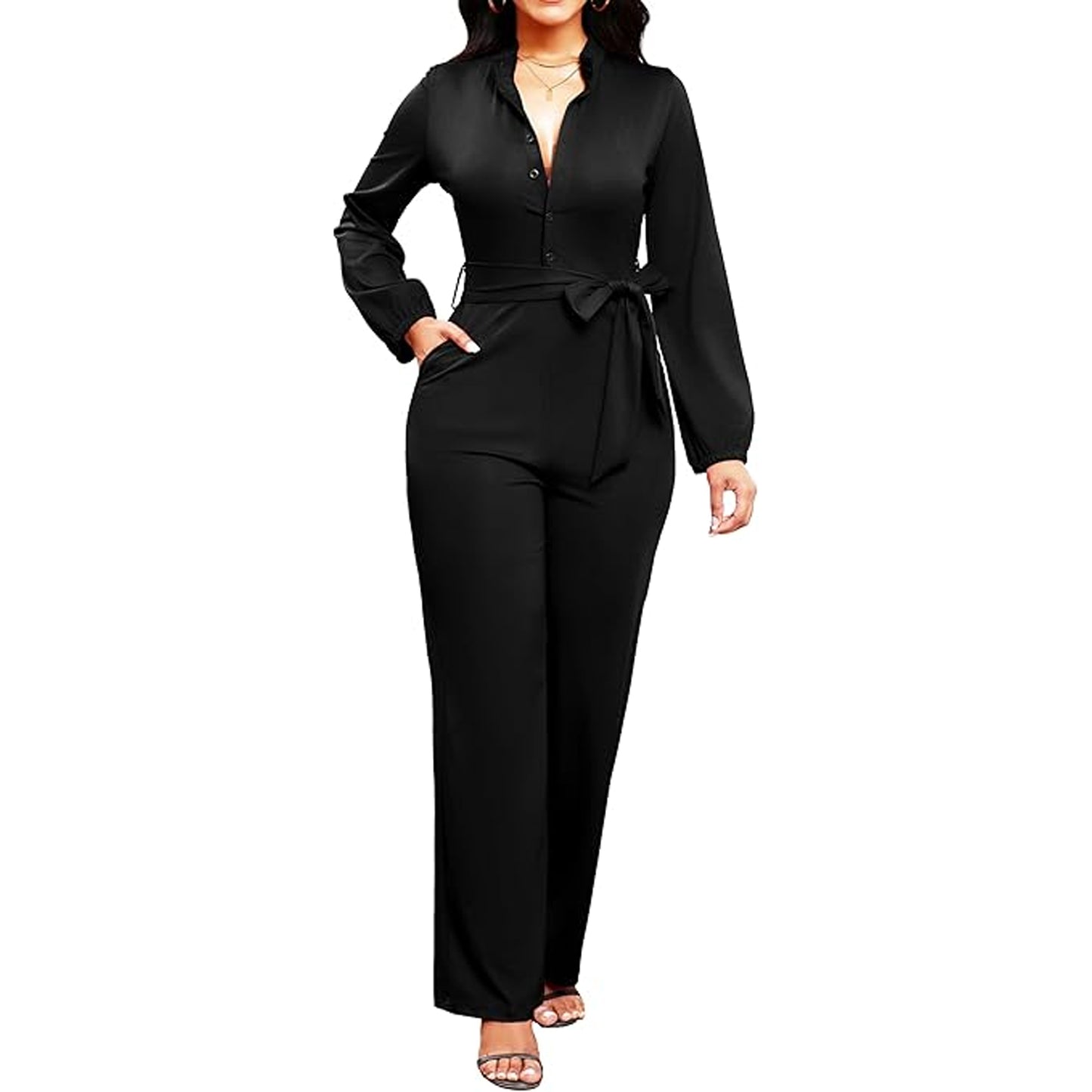 MLDRA Women's Formal Jumpsuits Elegant V Neck Long Sleeve One Piece Wide Leg Romper with Belt & Pockets for Work Office Party Black