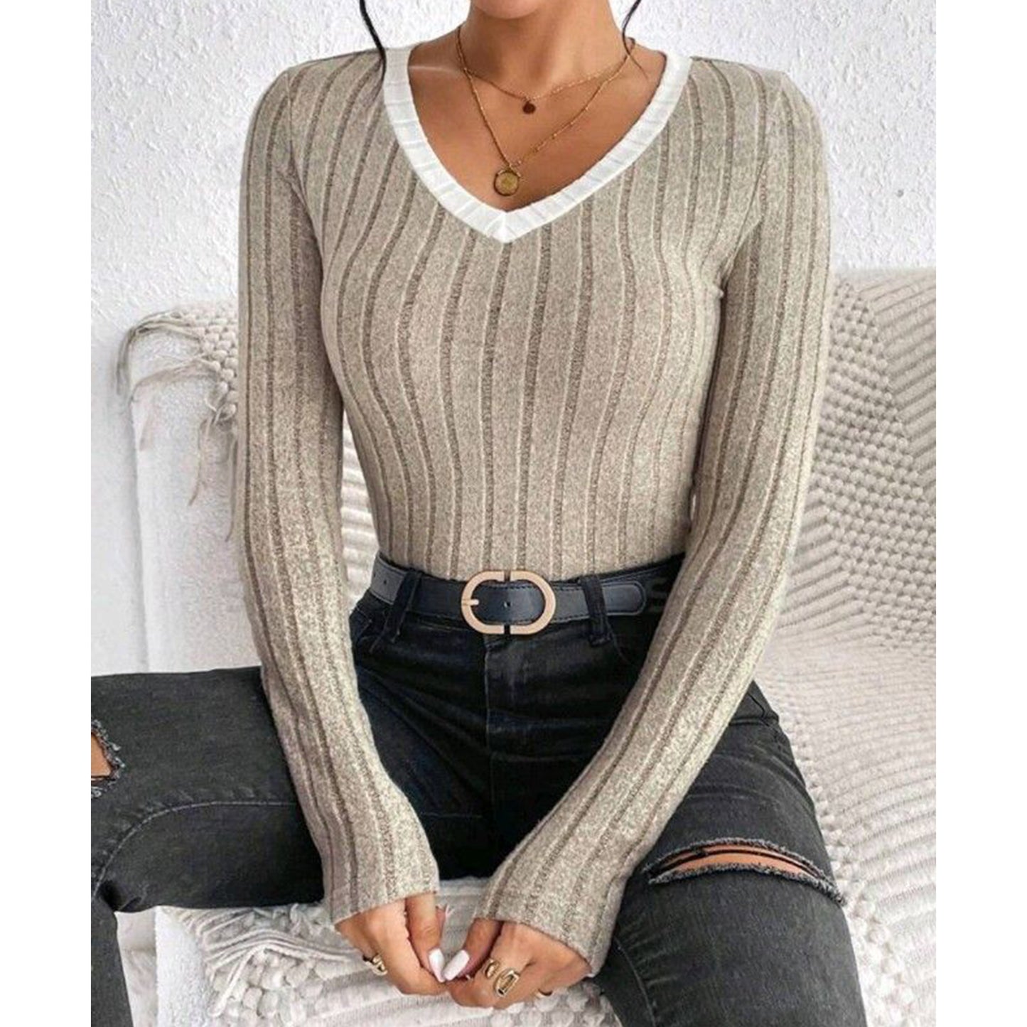 Women's Sweater Casual V Neck Ribbed Knit Contrast Trim Long Sleeve Slim Fit Tee Shirts Tops