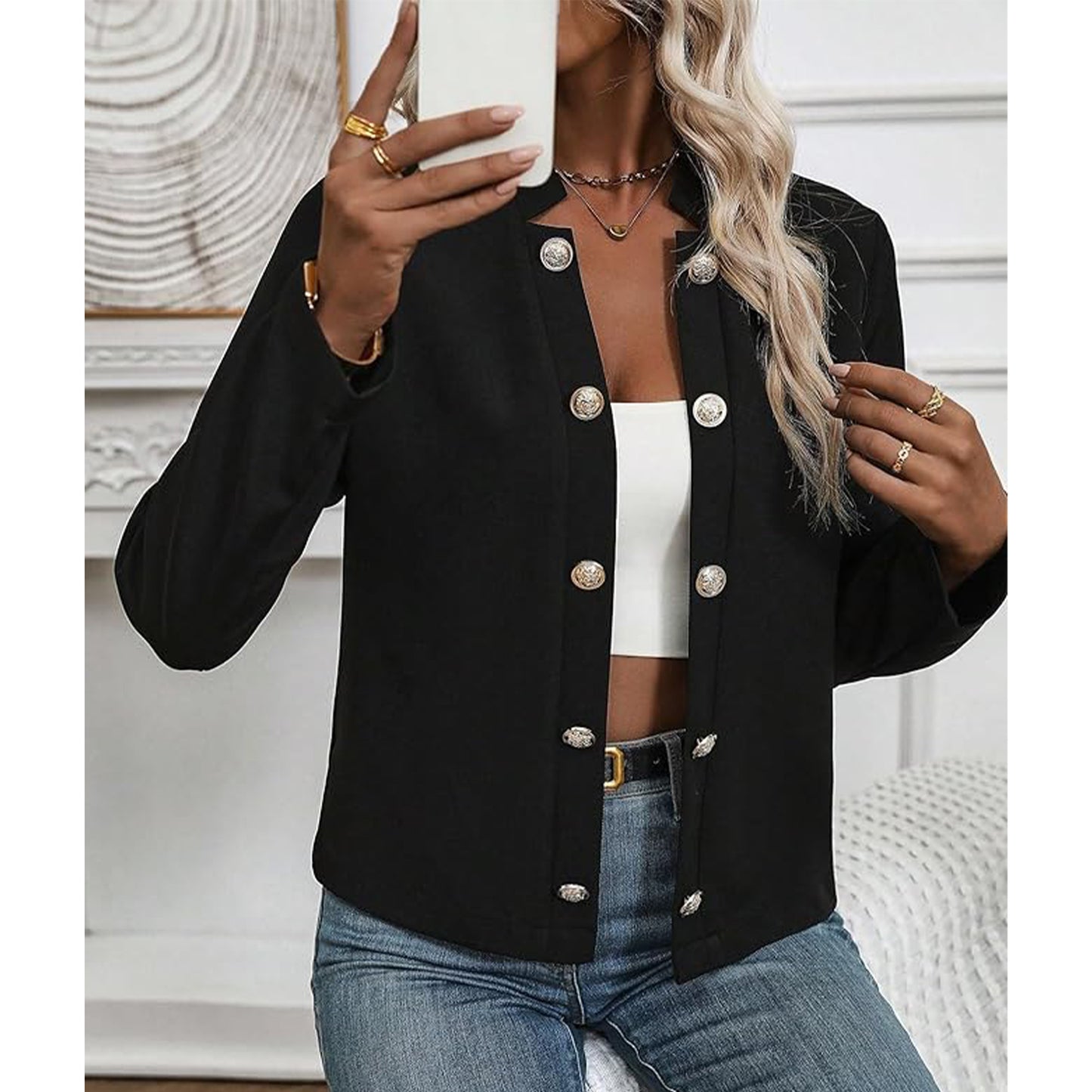 Women's Jacket Fall Fashion Open Front Blazer Lightweight Solid Color Long Sleeve Button Jacket Shirts for Business Trendy Casual Tops (Black)