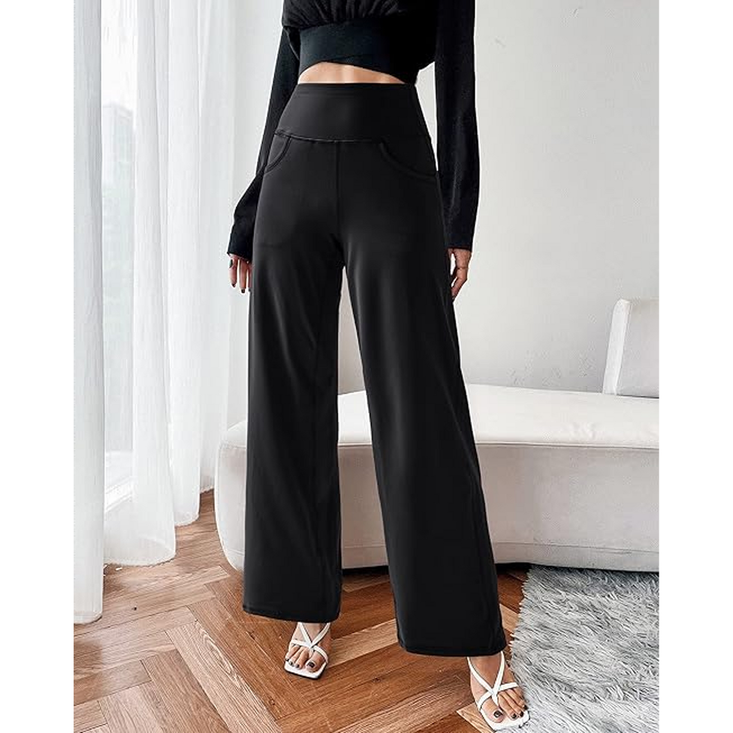 MLDRA Women's Wide Leg Pants Yoga Casual with Pockets Loose Trousers High Waisted Palazzo Lounge Pants Black