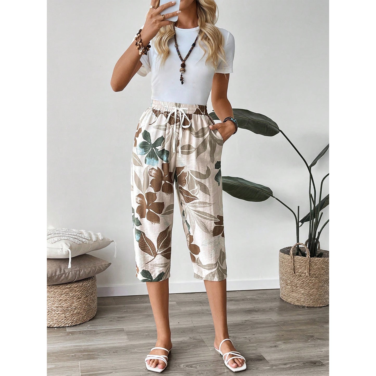 MLDRA Womens Capri Pants Loose High Waisted Wide Leg Lounge Pants Drawstring Casual Palazzo Trousers with Pockets