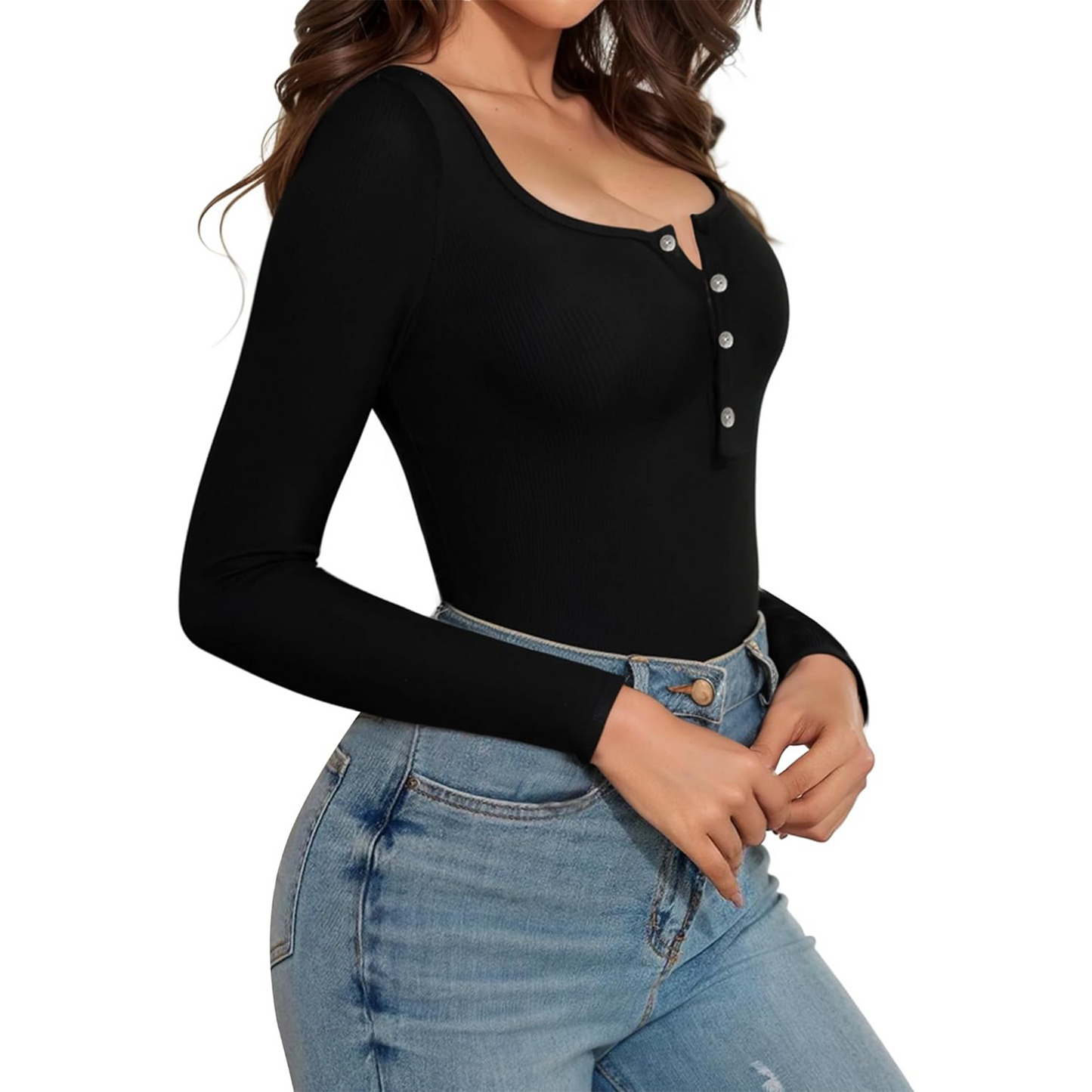 Bodysuits Tummy Control Long Sleeve Body Suit Crew Neck Ribbed Button Down for Women Black