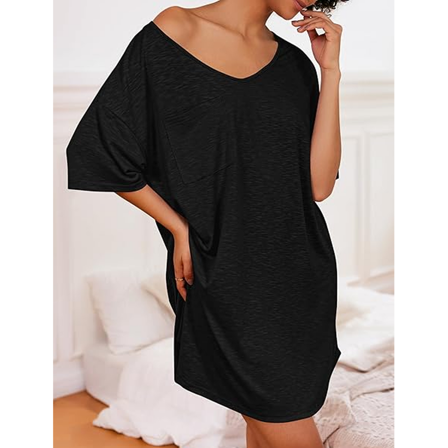 MLDRA Nightgowns for Women Sleepshirt Pajama Dress Loungewear Deep V Neck Nightshirt Casual Loose Comfy Sleepwear Black