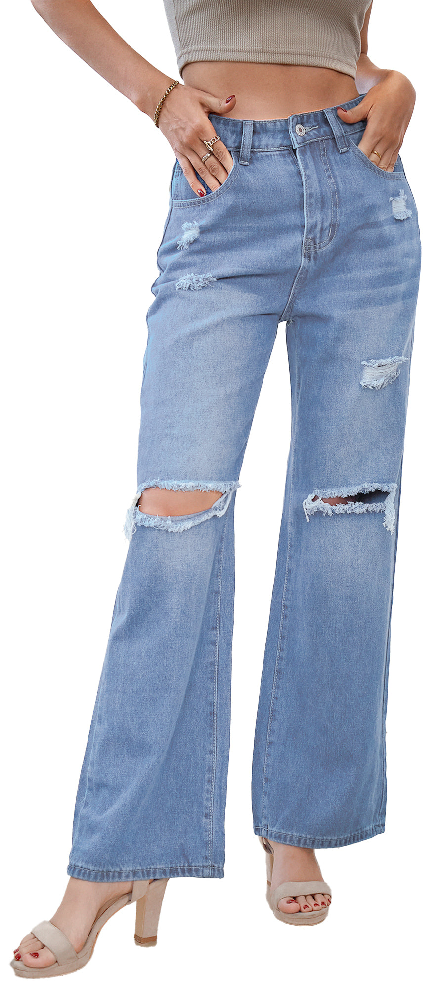 Womens Jeans Ripped Denim Pants Wide Leg Baggy Boyfriend Streetwear Long Denim Trousers