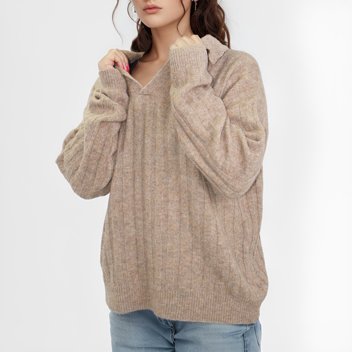 Womens pullover Sweaters Long Sleeve polo V Neck collar Lightweight Fall Soft Knitwear Casual Outerwear