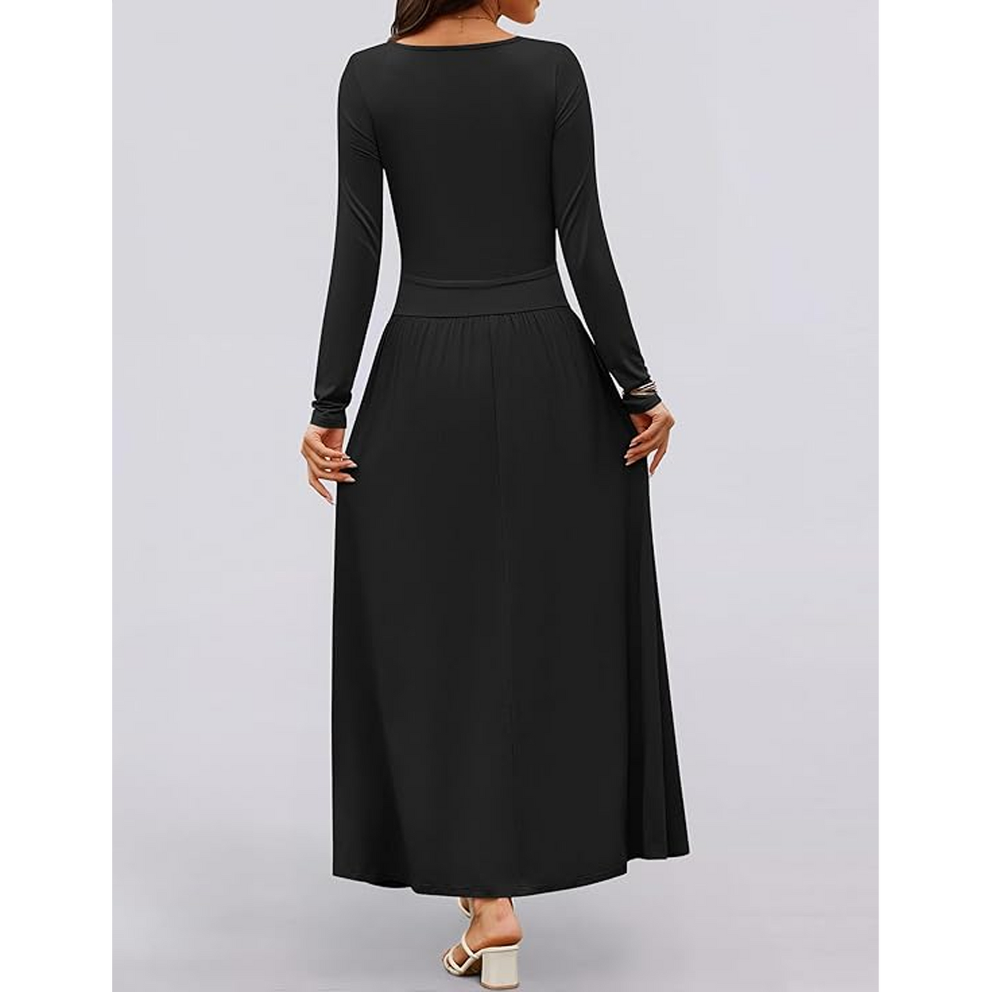 MLDRA Maxi Dress, Fashion Fall Winter Cotton Black Dresses for Women 2025 with Pockets for Funeral Party Wedding, Trendy Casual Long Sleeve Dress for Women Round Neck