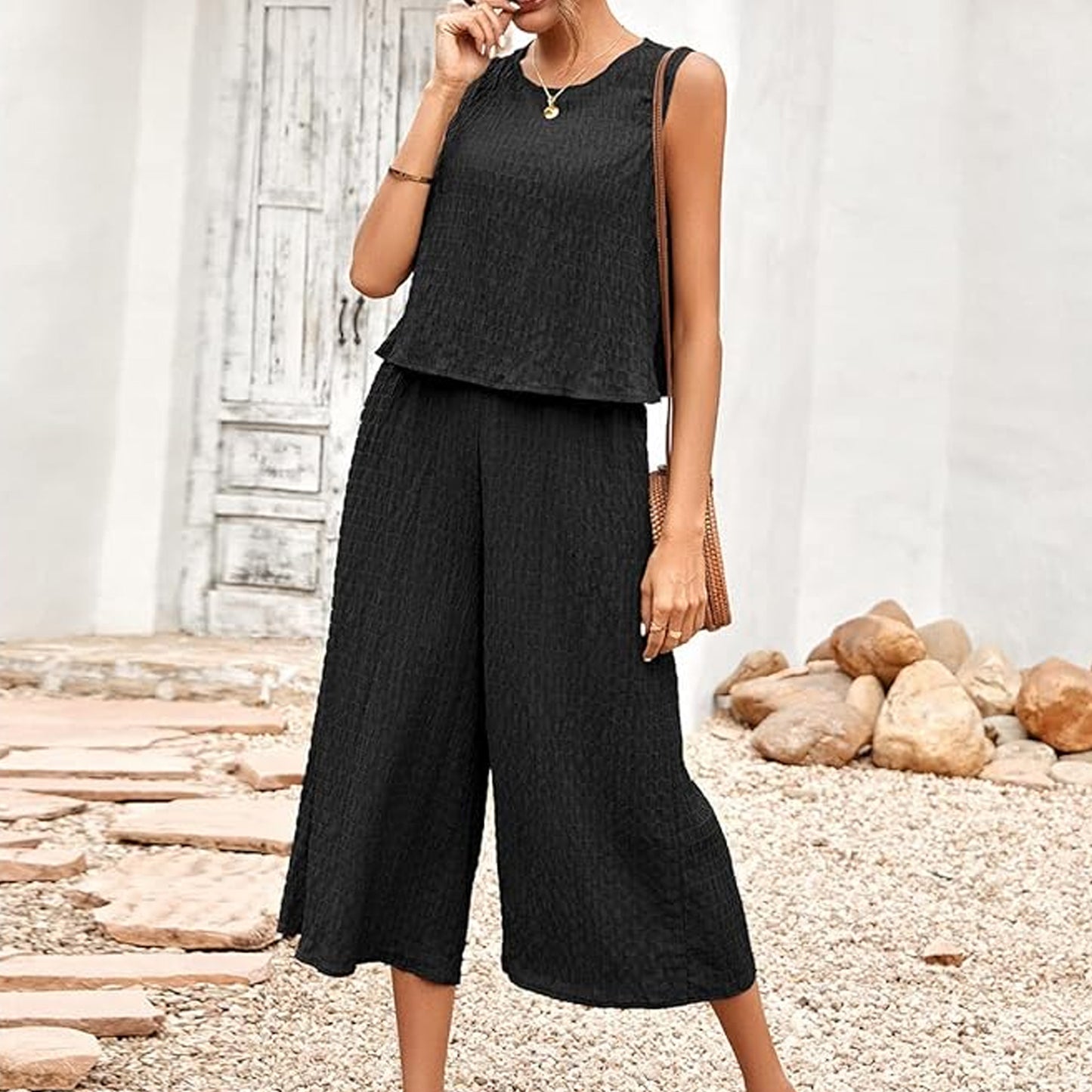 MLDRA Women's 2-Piece Capri Sets Beach Lounge Sets Summer Vacation Travel Going Out Outfit Sleeveless Crop Tank Top Wide-Leg Dressy Palazzo Crop Pants Suit Black