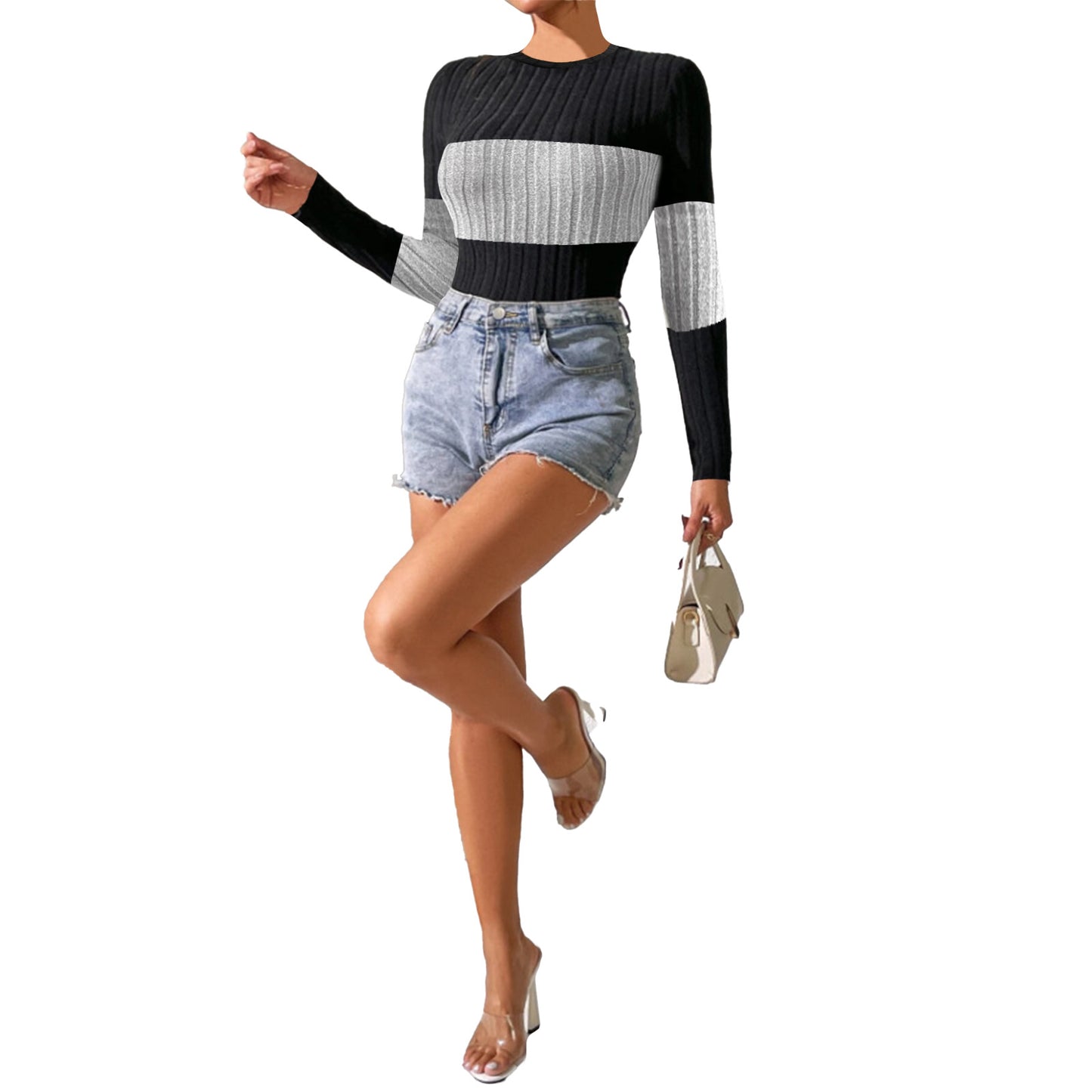 Womens Bodysuit Tummy Control Body Suit Long Sleeve Crew Neck Ribbed Color Block Shirt Tops Black Grey