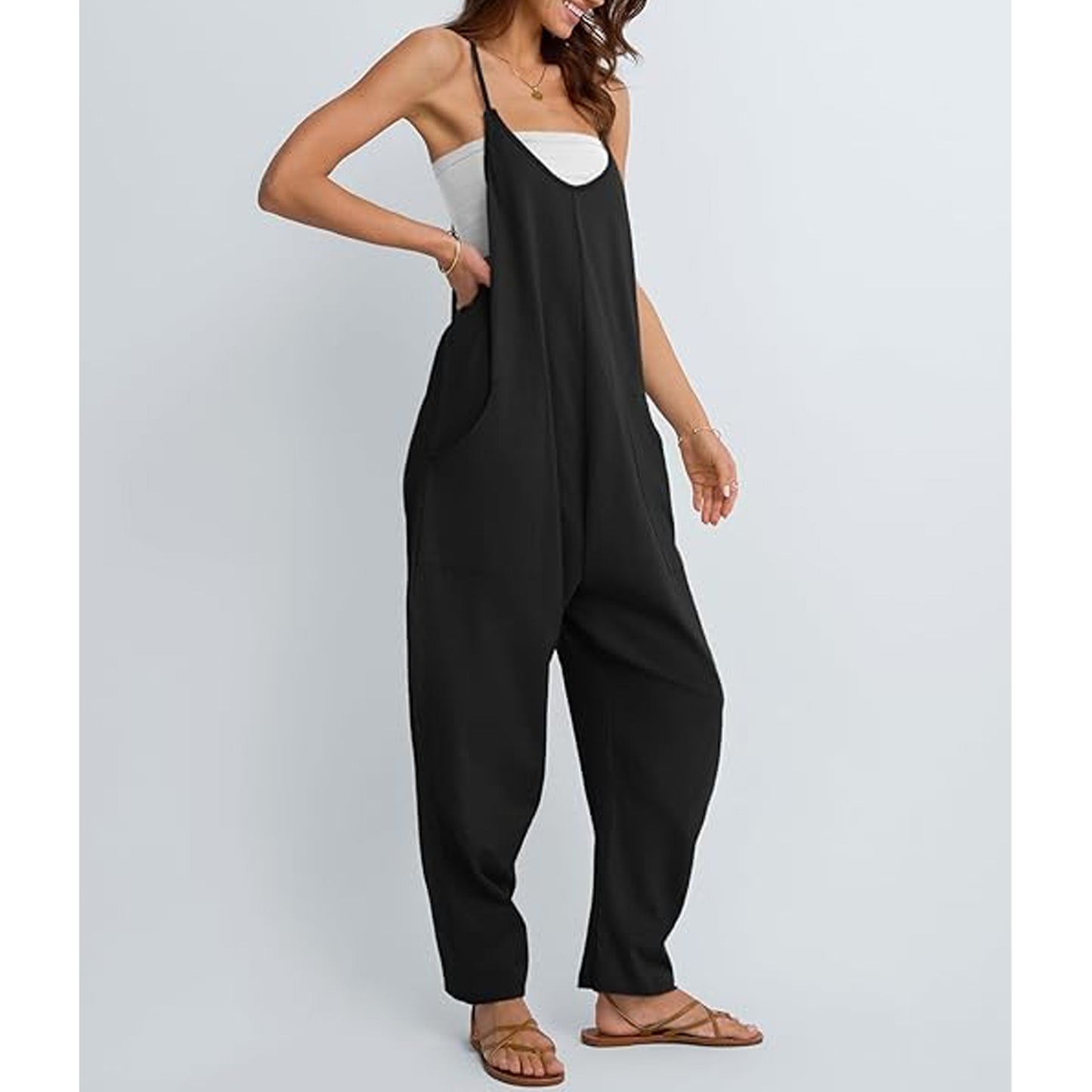 MLDRA Women’s Jumpsuits Spaghetti Strap Loose Fit Rompers with Pockets Sleeveless Overalls Onesie Jumpers for Vacation Beach Lounge Black Summer