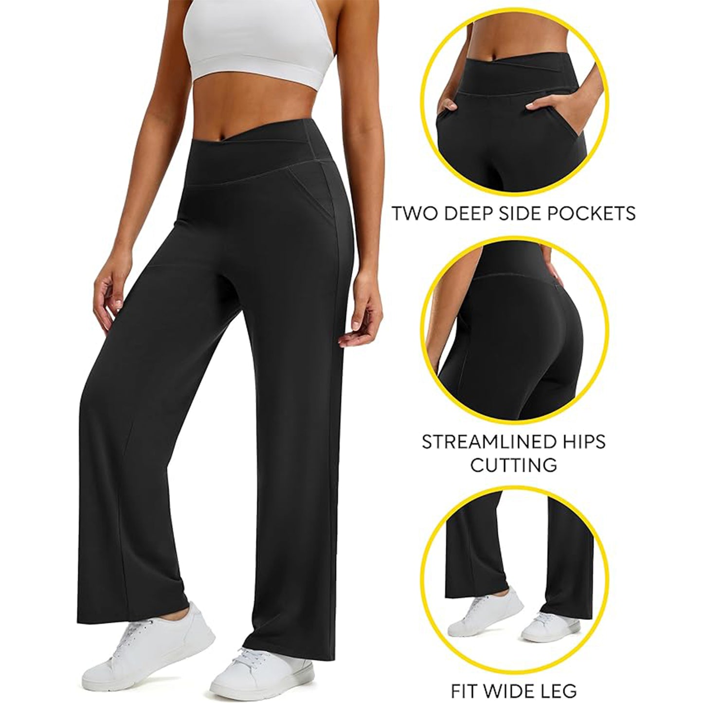 Womens Yoga Pants Wide Leg Pants Work Lounge Pants Crossover High Waisted Loose Casual with Pockets