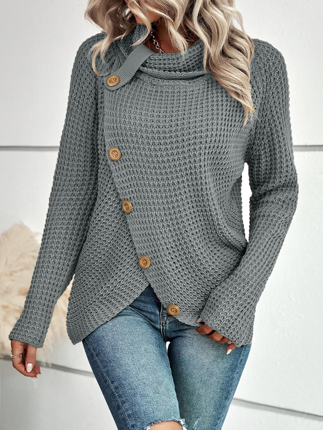 Womens Sweater Knit Waffle Slant Button Up Cowl Neck Irregular Hem Chunky Pullover Knitwear Tops