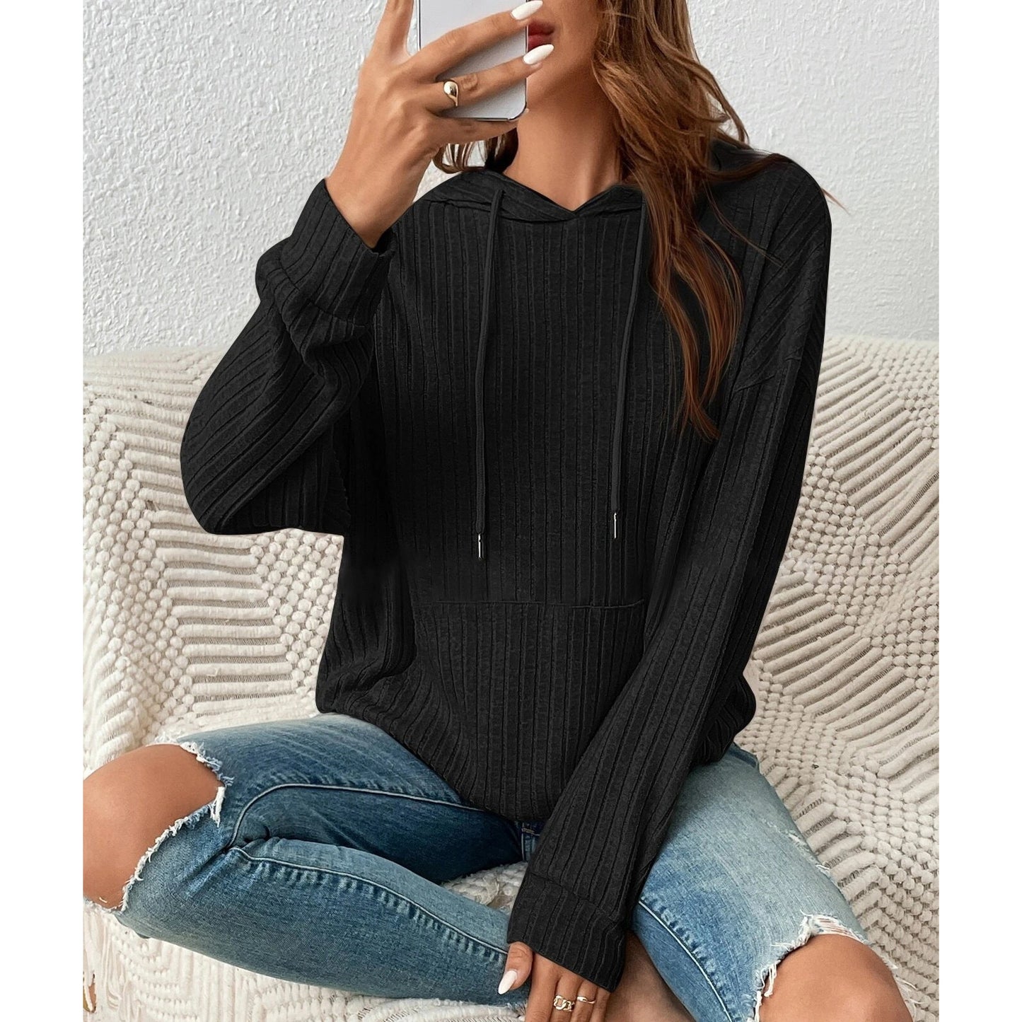 MLDRA Womens Hoodies Knit Sweatshirt Pit Stripe Pocket Drawstring Long Sleeve Pullover Outerwear Top