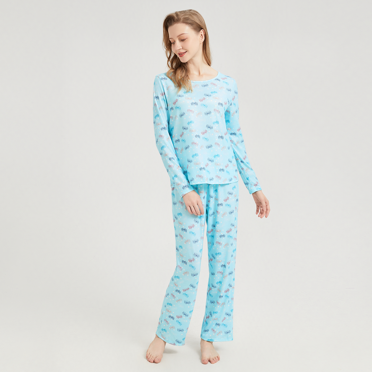 Womens Pajamas Set Long Sleeve Pjs Crew Neck Lounge Wear Fall Soft 2 Piece with Long Pants Sleepwear