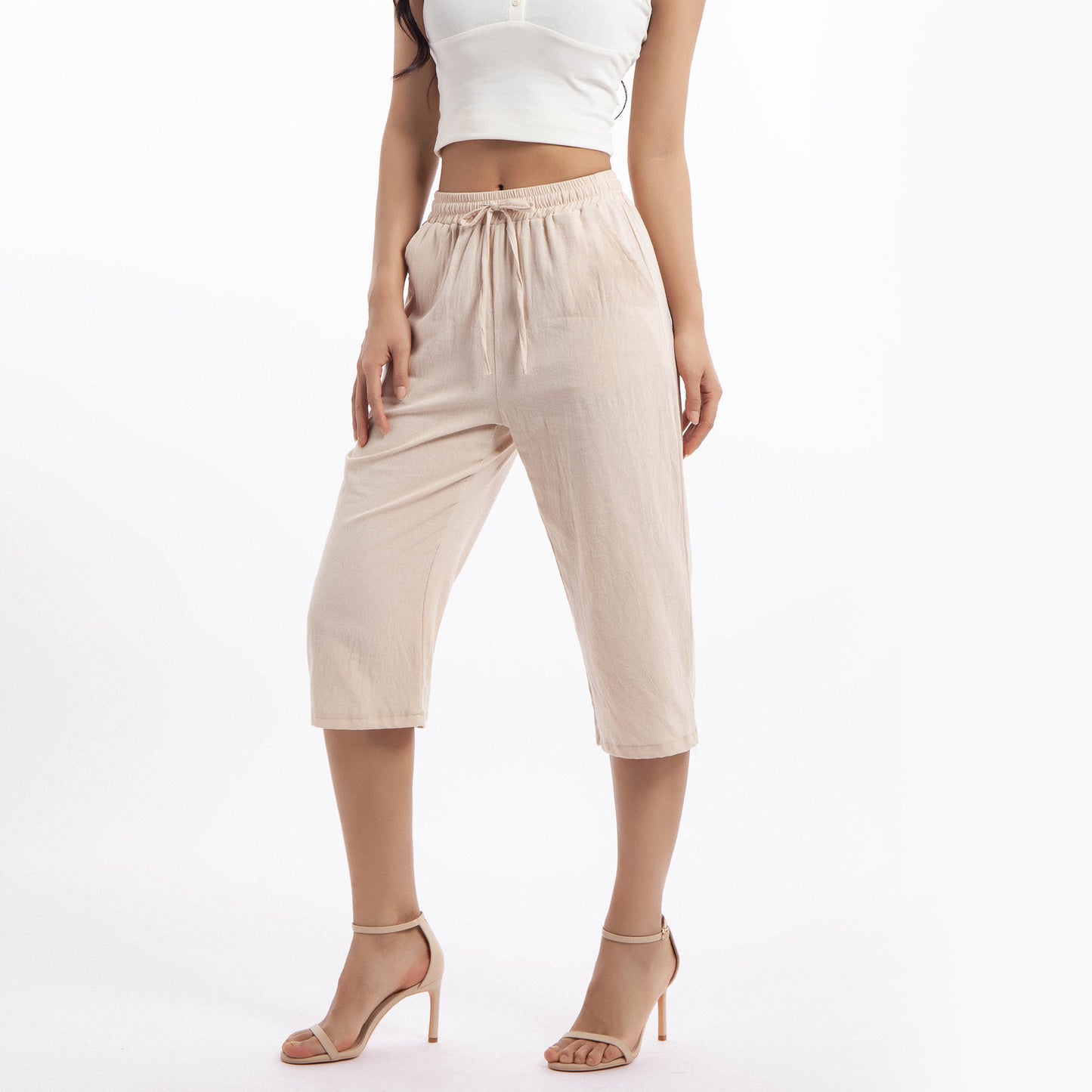 MLDRA Women’s Linen Capri Pants Cropped Wide Leg Palazzo Yoga Casual Pants Elastic Waist Loose Fit with Pockets Summer