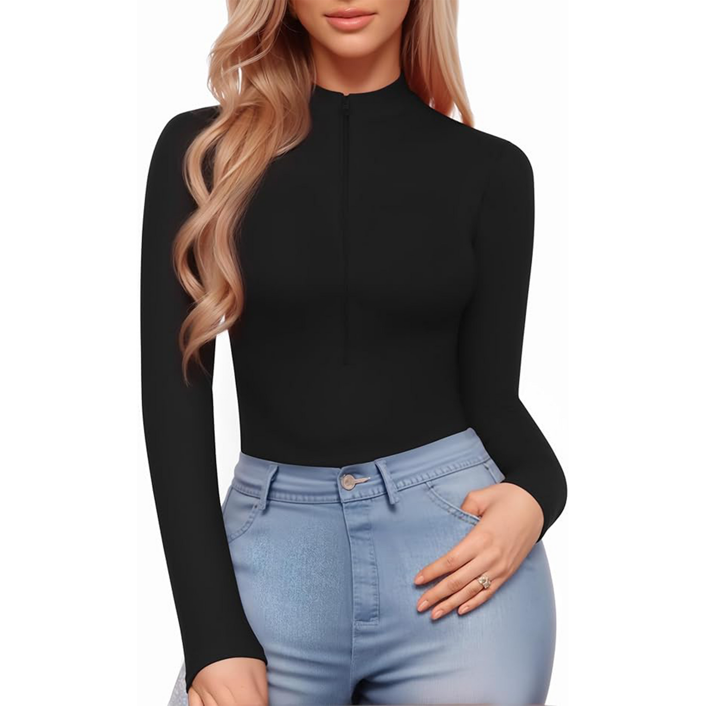 Body Suit Tummy Control Bodysuit Deep V Neck Zip Up Long Sleeve Tops Black Bodysuits for Women Black