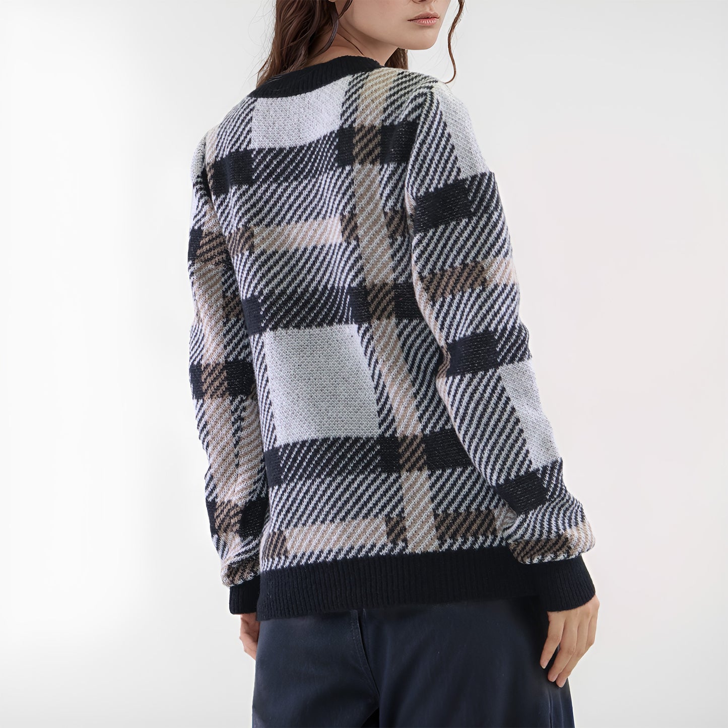 Womens Sweaters Plaid Knit Long Sleeve Crewneck Color Block Casual Pullover Top Clothes