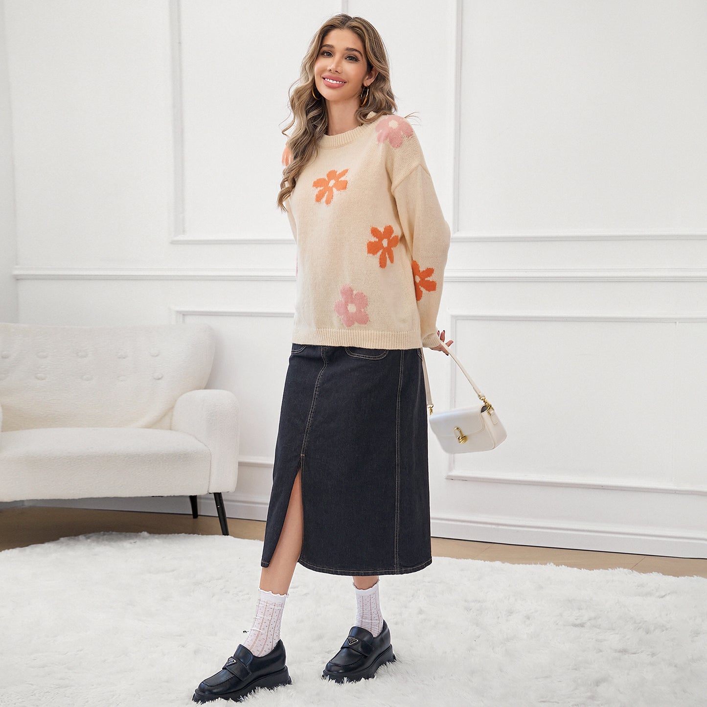 Womens Sweaters Long Sleeve Crewneck Floral Pattern Knit Casual Drop Shoulder Pullover Tops