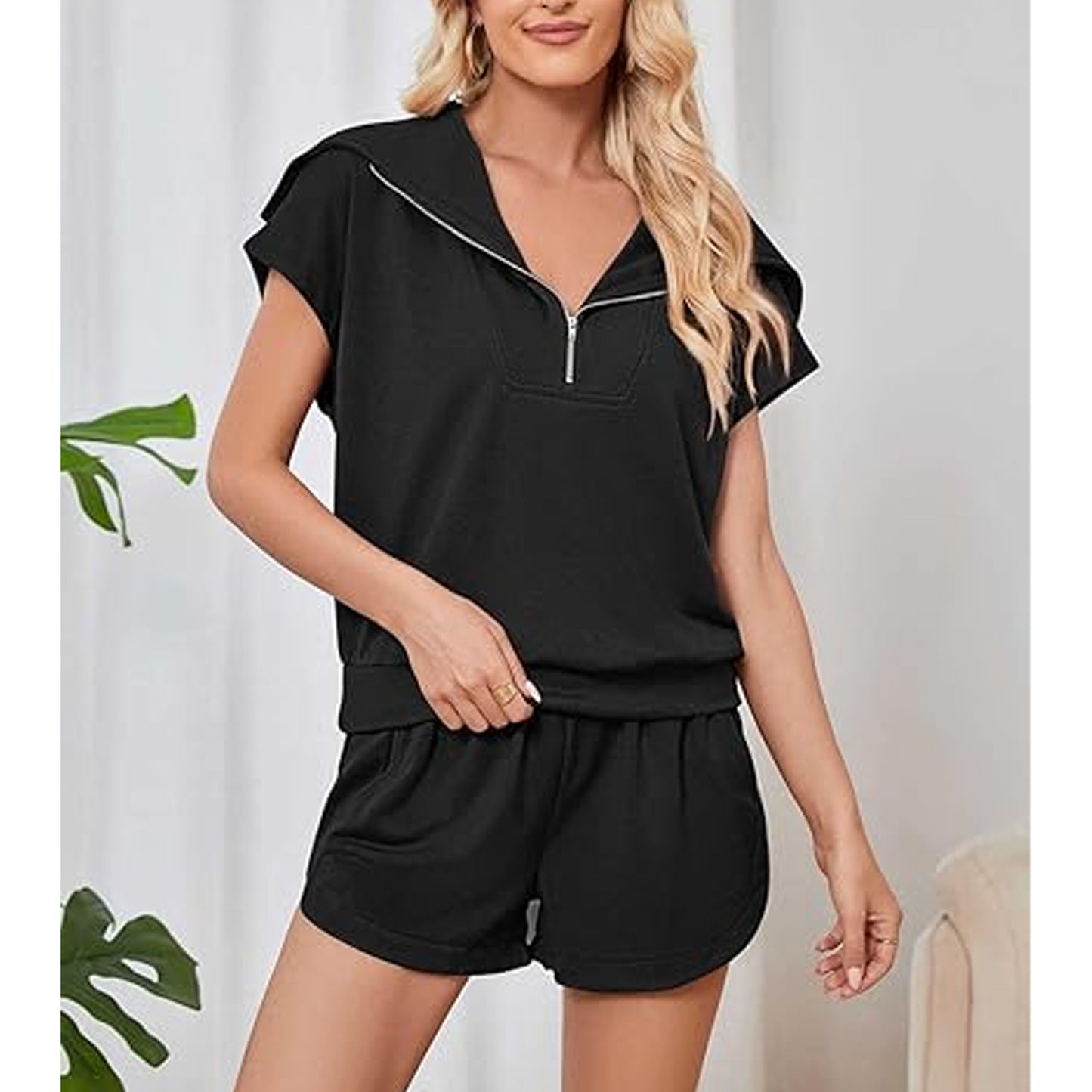 Women Two Piece Lounge Set Outfit Sweat Short Set Summer Sweatshirt Yoga Workout Short Sleeve V Neck Top Elastic High Waist Shorts Tracksuit Leisure Suit Black