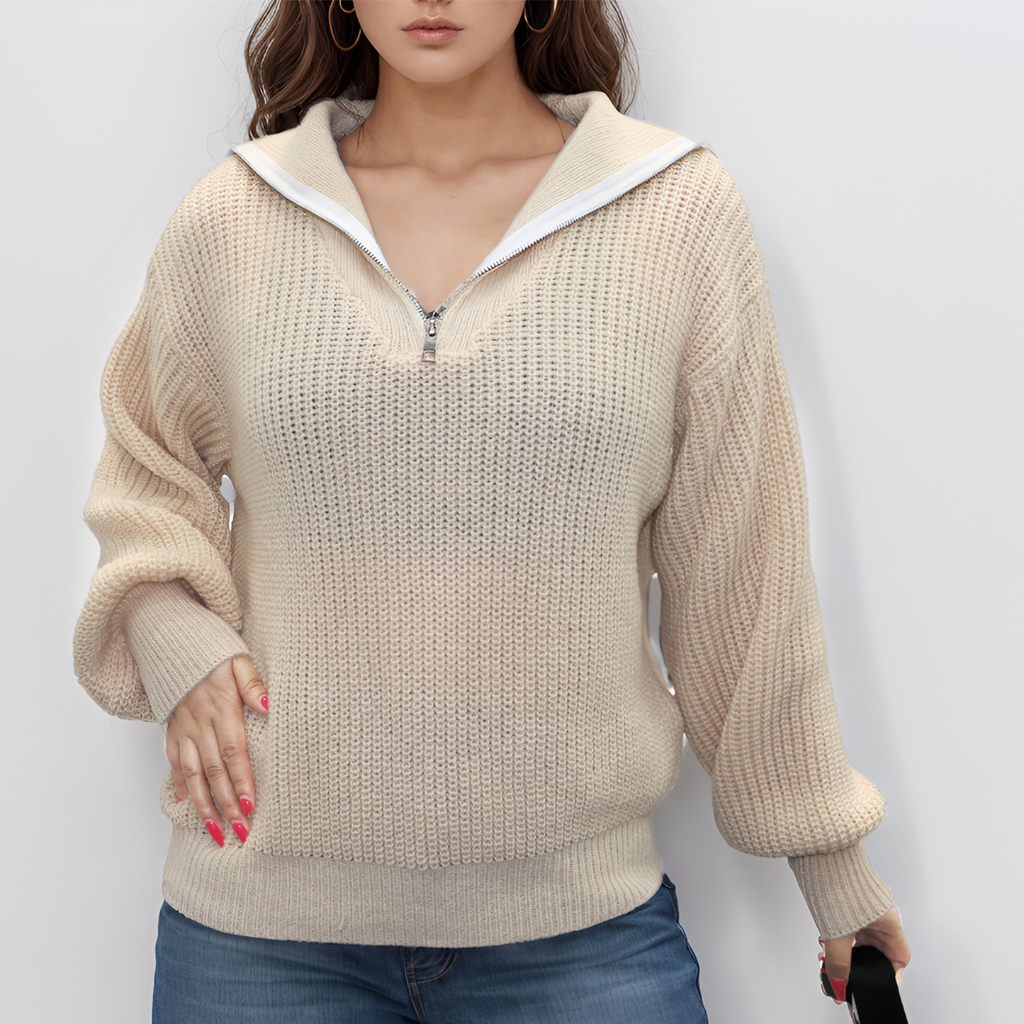 MLDRA Women's Sweaters Knit Pullover V-Neck Quarter Zip Long Sleeve Tops with Collars Knitwear