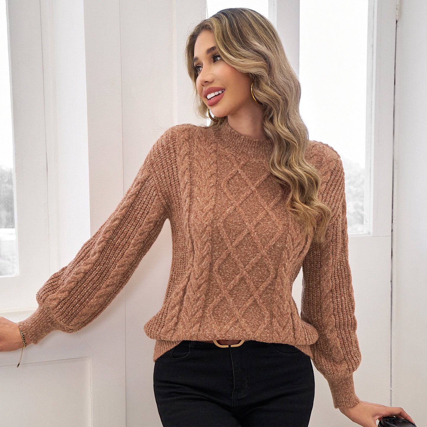 Womens Sweaters Cable Knit Long Lantern Sleeve Crewneck Vintage Pullover Tops Clothes