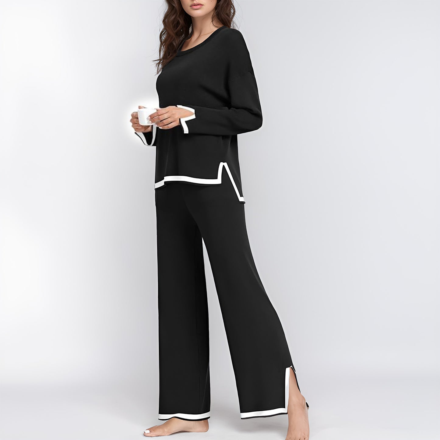 MLDRA Womens Pajamas Set Pjs Long Sleeve Crew Neck Lounge Wear Top with Long Pants 2 Piece Sleepwear