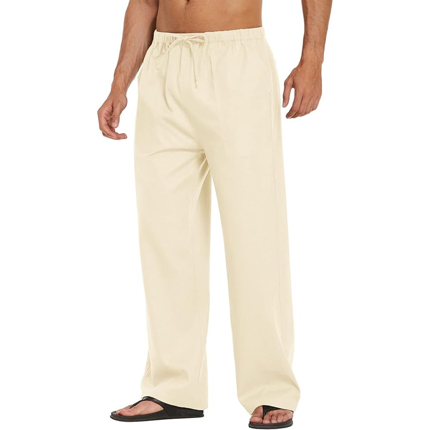 Men's Linen Pants Drawstring Slim Fit Elastic Waist Wide Leg Trousers Lightweight Beach Summer Pants
