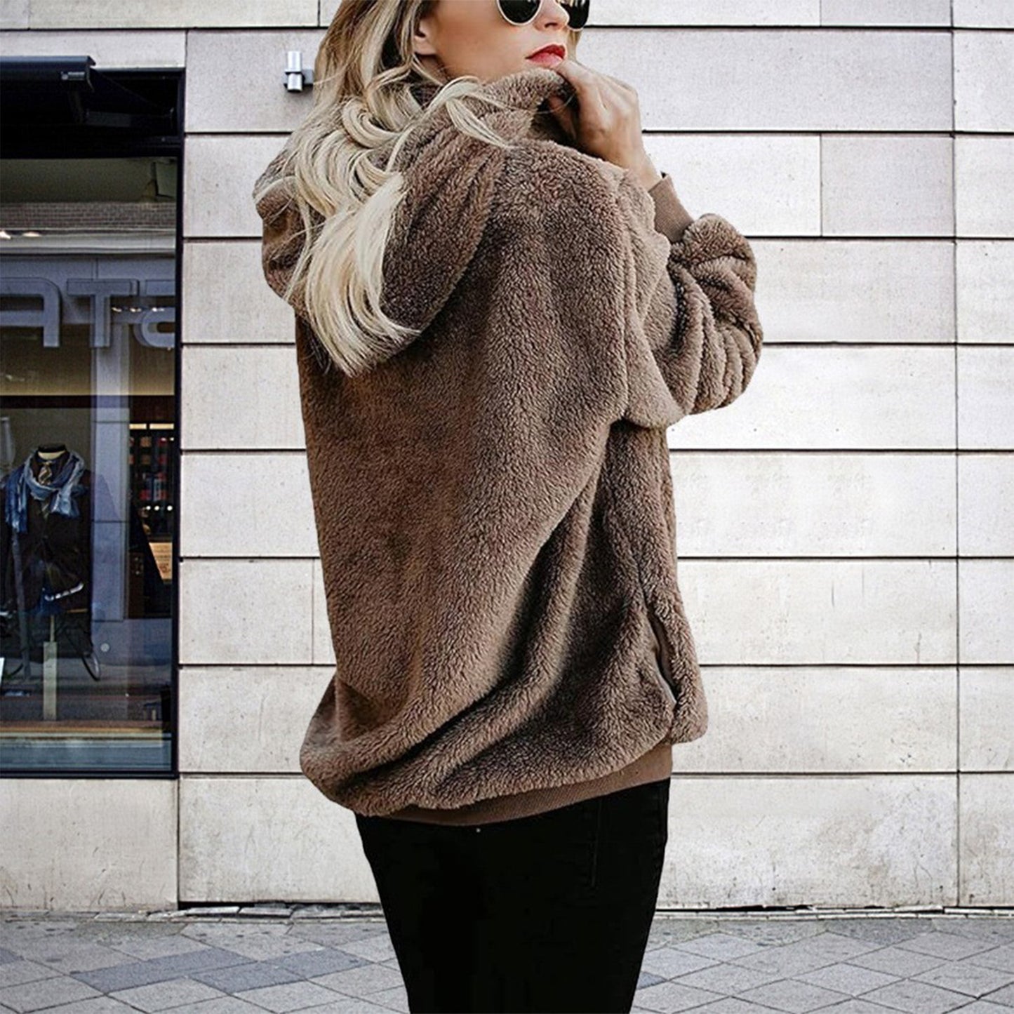 Womens Fleece Hoodie Sweatshirt Long Sleeve Solid Fall Pullover with Drawstring Pocket Faux Fur Zip Flannel Warm Casual Tops