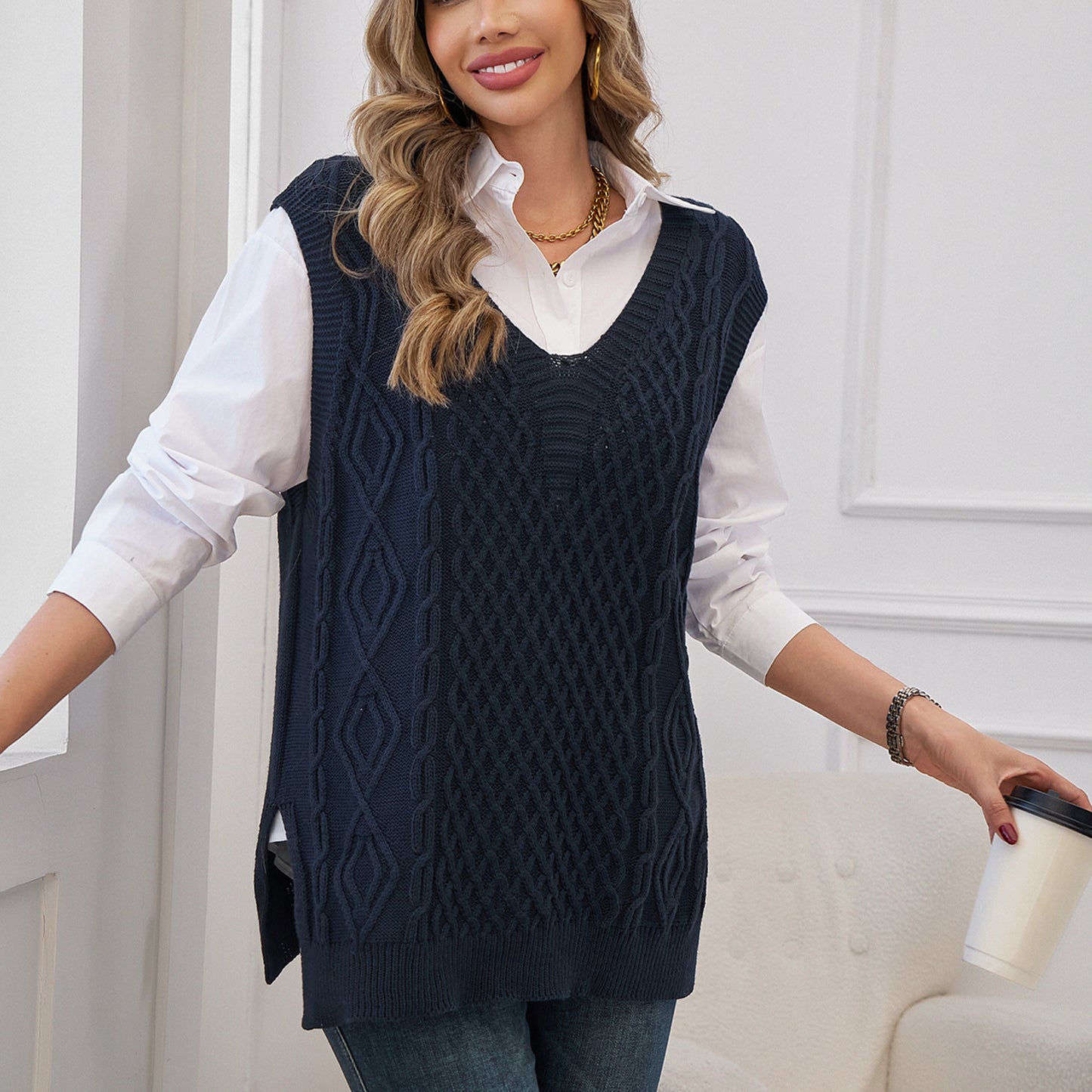 MLDRA Womens Sweater Vest Knitted V Neck Sleeveless Pullover Knitwear Waistcoat Vintage Solid Top